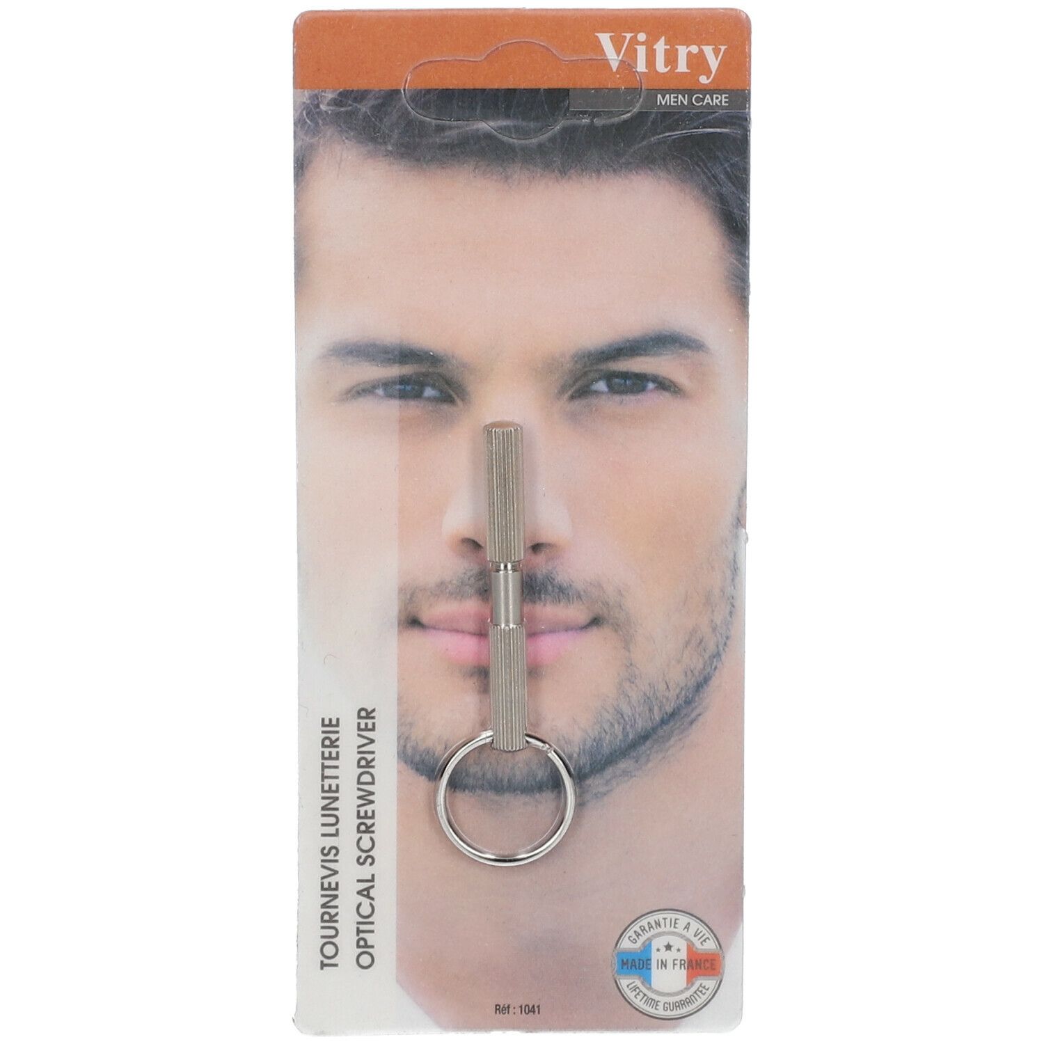 Schraubenzieher für Brillen, silberfarben, mit Schlüsselring, in Verpackung mit Mann-Gesicht.
