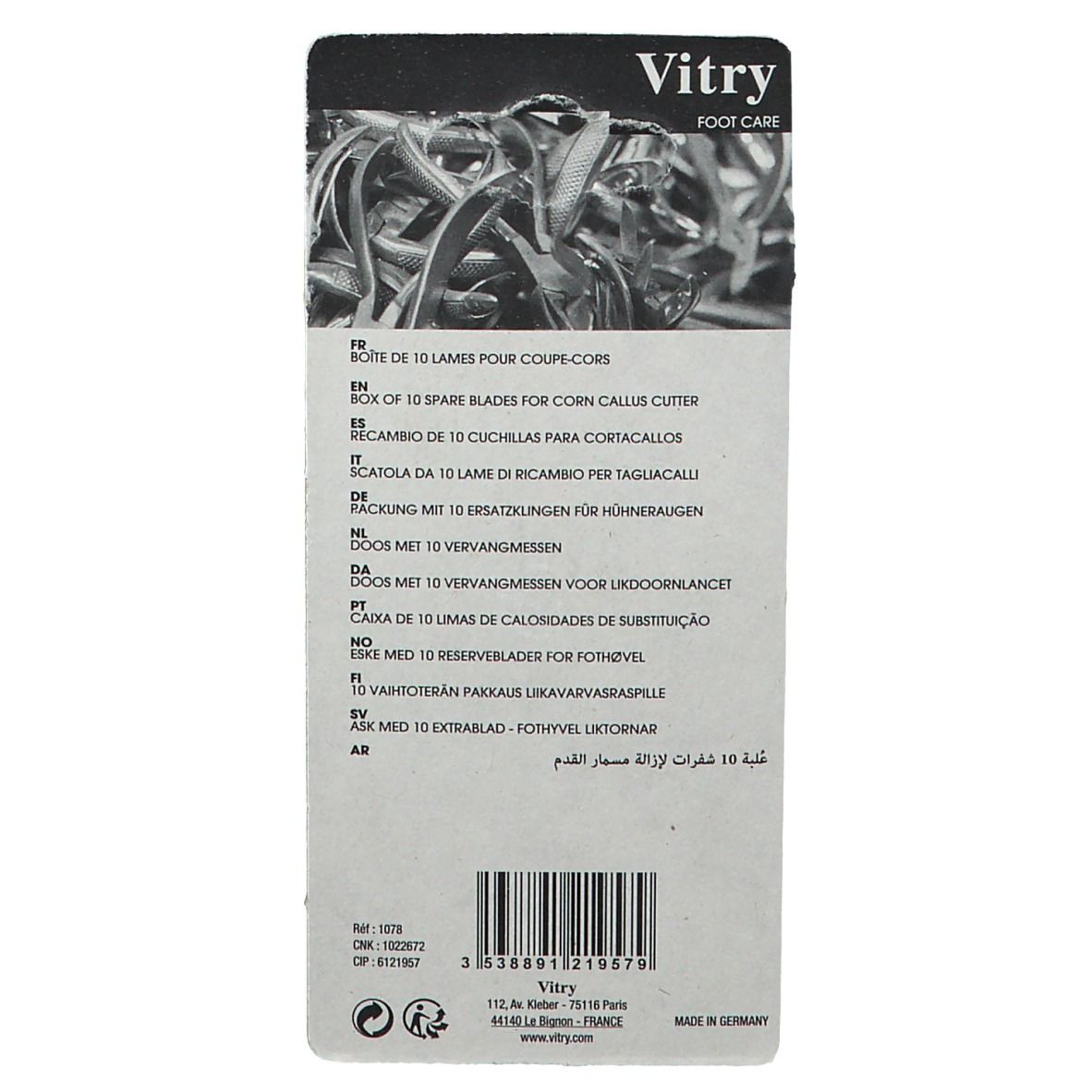 Dos de l'emballage avec informations produit. Marque Vitry. Texte multilingue. 10 lames de rechange pour coupe-cors.