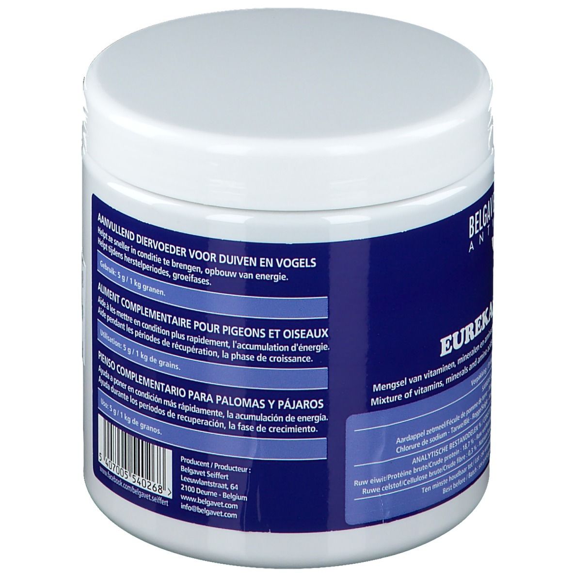 Weißer Behälter mit blauem Etikett. Text: Ergänzungsfuttermittel für Tauben und Vögel. Gebrauchsanweisung: 5 g / 1 kg Futter.
