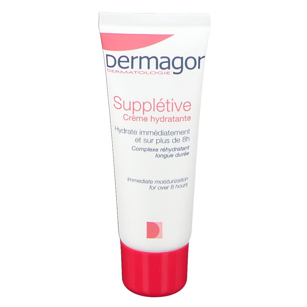 Tube de crème blanc et rouge. Inscription: Dermagor, Supplétive Crème hydratante.