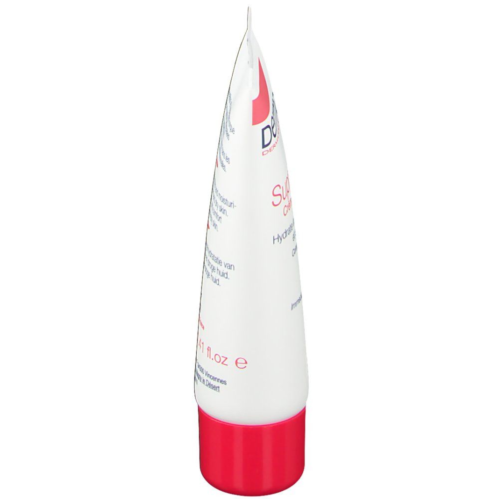 Vue latérale du tube de crème. Blanc et rouge. Texte en français.