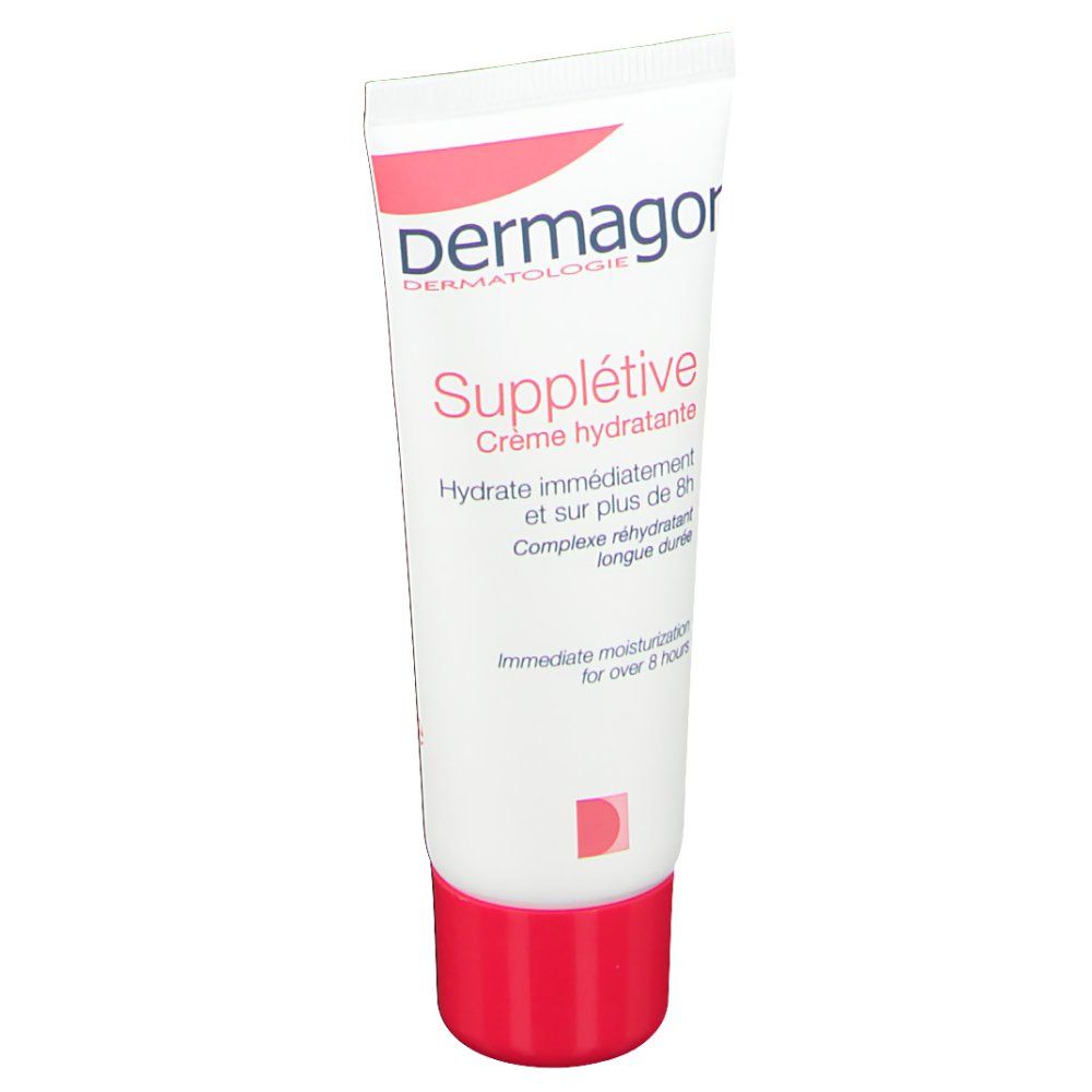 Tube de crème blanc et rouge. Inscription: Dermagor, Supplétive Crème hydratante.