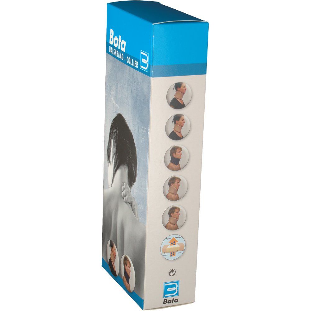 Seitenansicht der Bota Halskraag-Verpackung. Logo, Produktabbildungen und CE-Kennzeichnung.