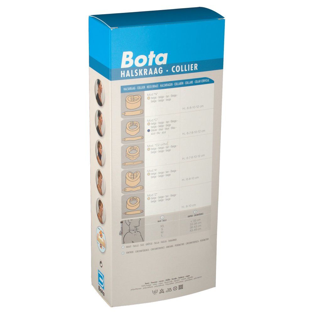 Rückseite der Bota Halskraag-Verpackung. Produktinformationen, Größenangaben und CE-Kennzeichnung.