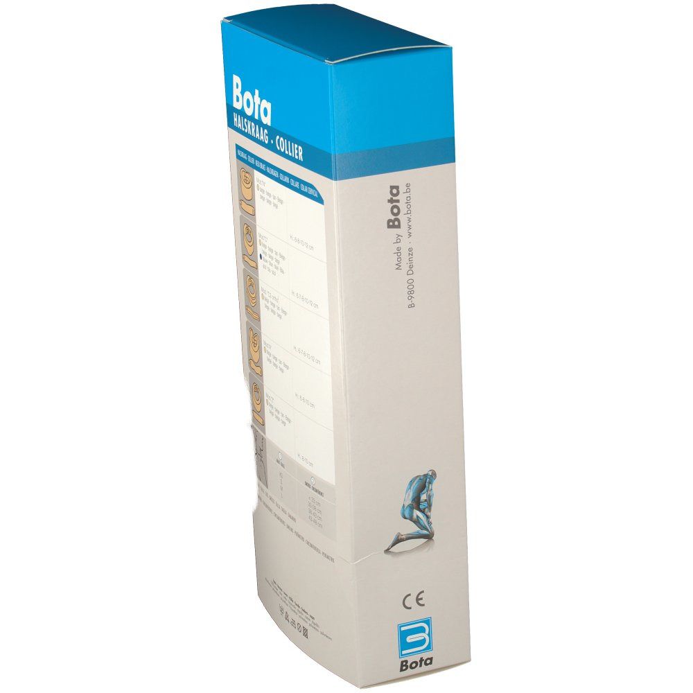 Seitenansicht der Bota Halskraag-Verpackung. Produktinformationen und CE-Kennzeichnung.