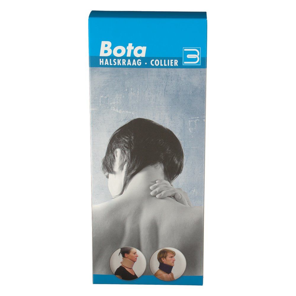 Vorderansicht der Bota Halskraag-Verpackung. Blau-weiße Schachtel mit Produktabbildung und Logo. CE-Kennzeichnung.