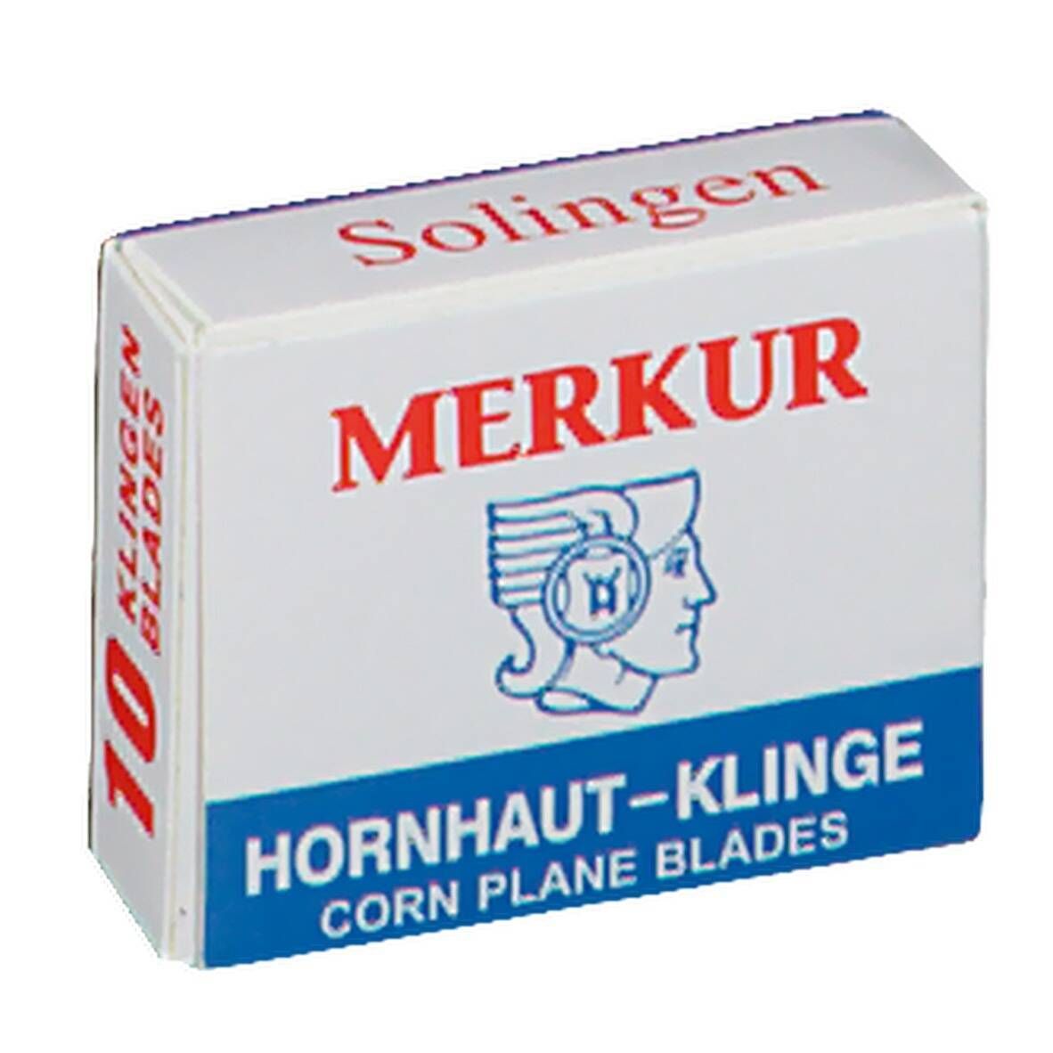 Weißer Karton mit roter und blauer Schrift. Aufschrift: MERKUR, HORNHAUT-KLINGE, 10 KLINGEN BLADES.