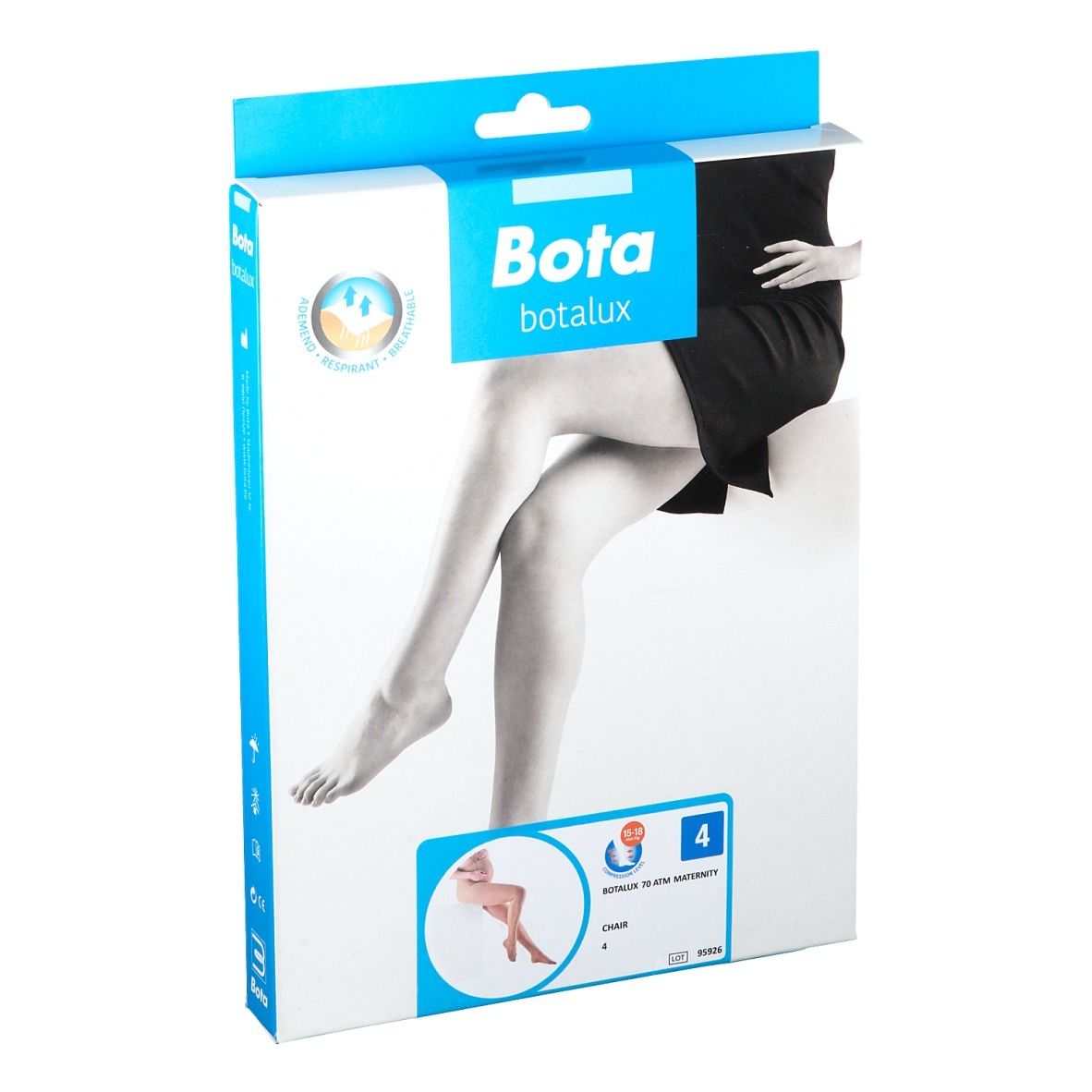 Emballage Bota Botalux. Impression d'une jambe avec bas. Emballage bleu et blanc. Taille 4.