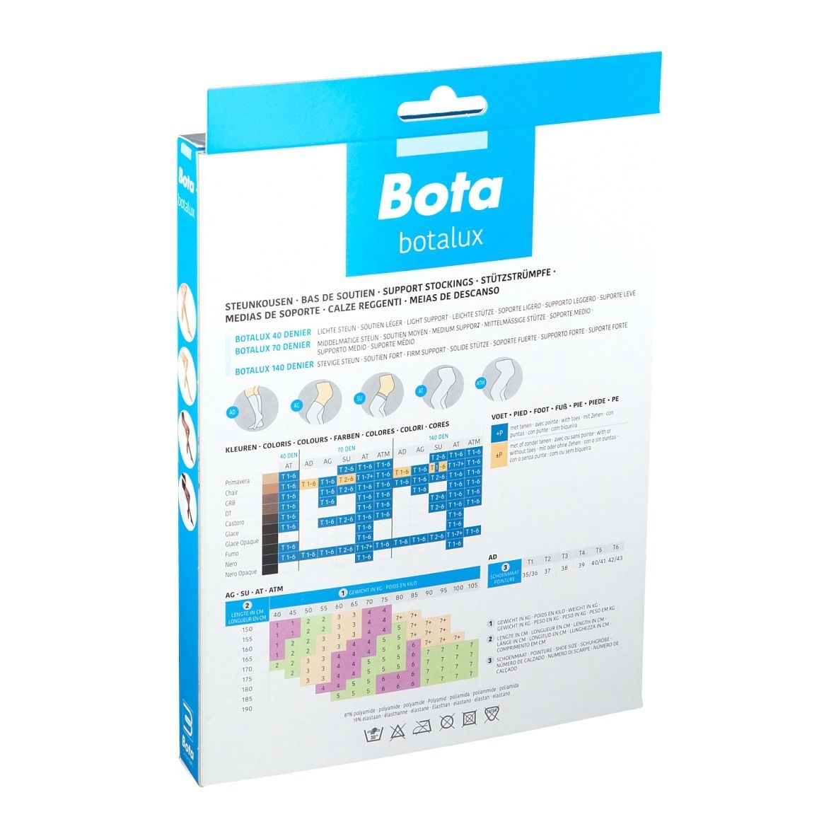 Dos de l'emballage Bota Botalux. Tableaux avec informations de taille. Texte en plusieurs langues. Graphiques colorés.