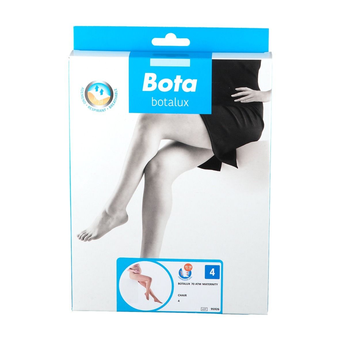 Emballage Bota Botalux. Image d'une femme avec bas. Emballage bleu et blanc. Taille 4.