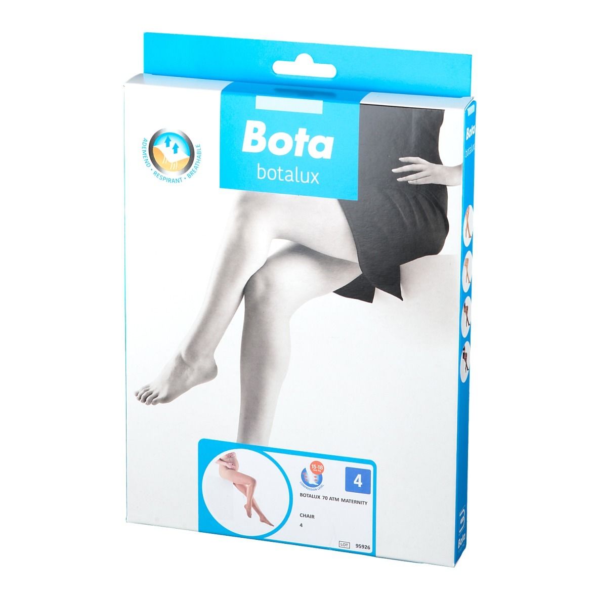 Emballage Bota Botalux. Image d'une femme avec bas. Emballage bleu et blanc. Taille 4.