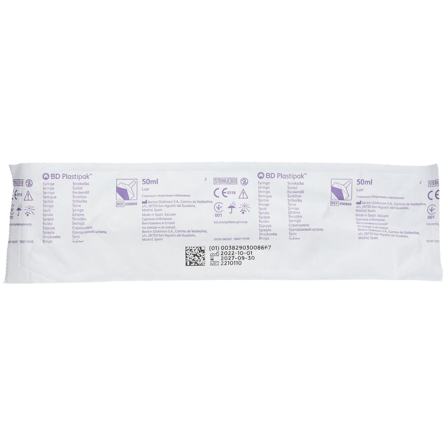 Emballage d'une seringue jetable. Marque BD Plastipak, 50ml. Avec marquage CE et numéro de lot.