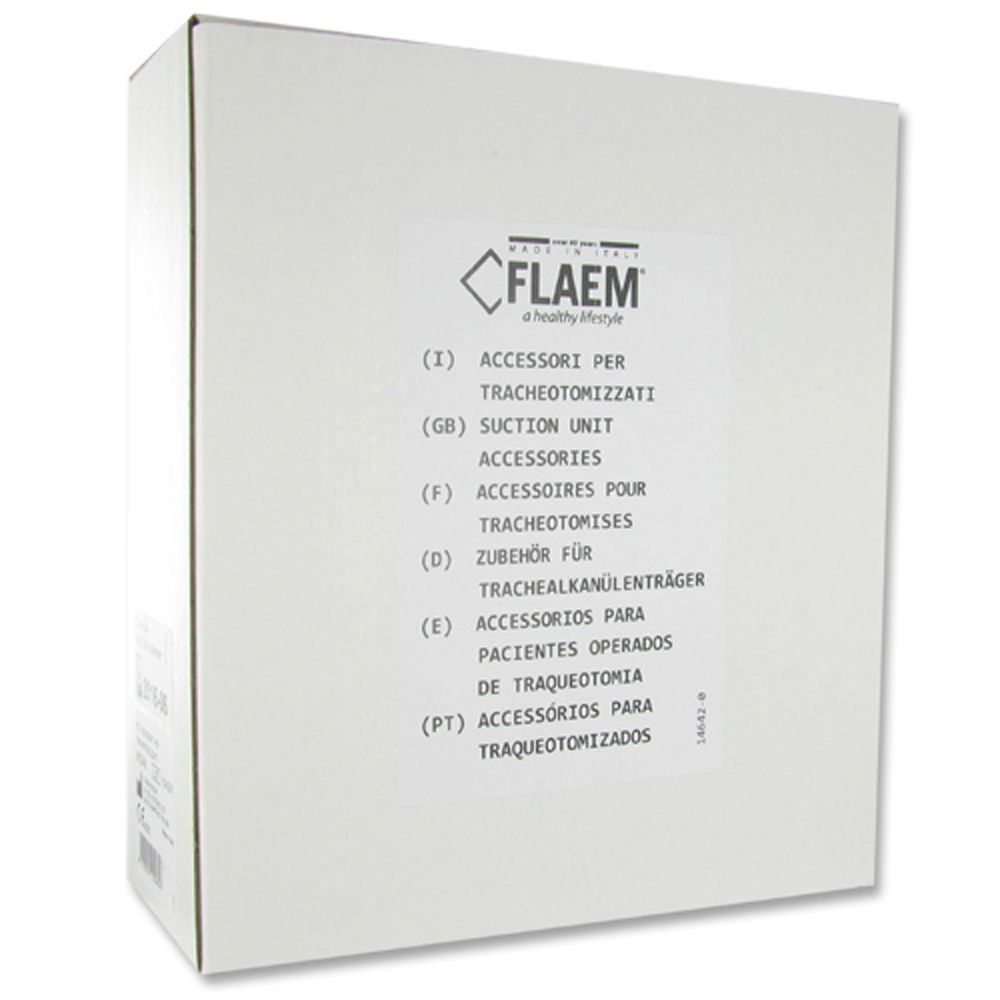Witte doos met FLAEM-logo en meertalige productbeschrijving: accessoires voor tracheotomie.