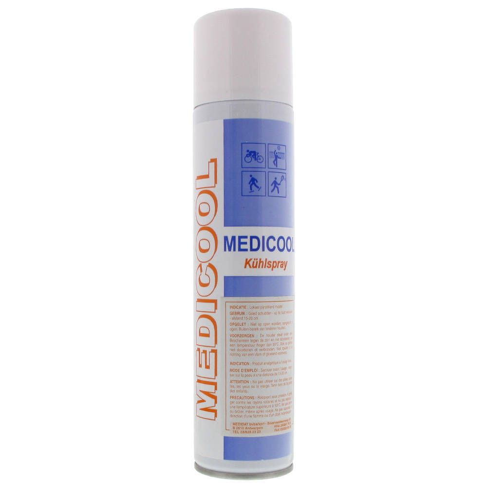 Bombe de spray réfrigérant MEDICOOL, bouchon blanc, étiquettes bleues et orange. Contient des pictogrammes sportifs et de mobilité.