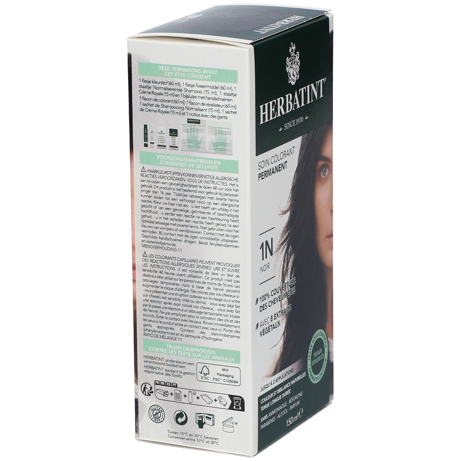 HERBATINT® 1N Zwart. Permanente kleuring. 100% grijsdekking. Met 8 plantenextracten. Verpakking met informatie en certificeringen.