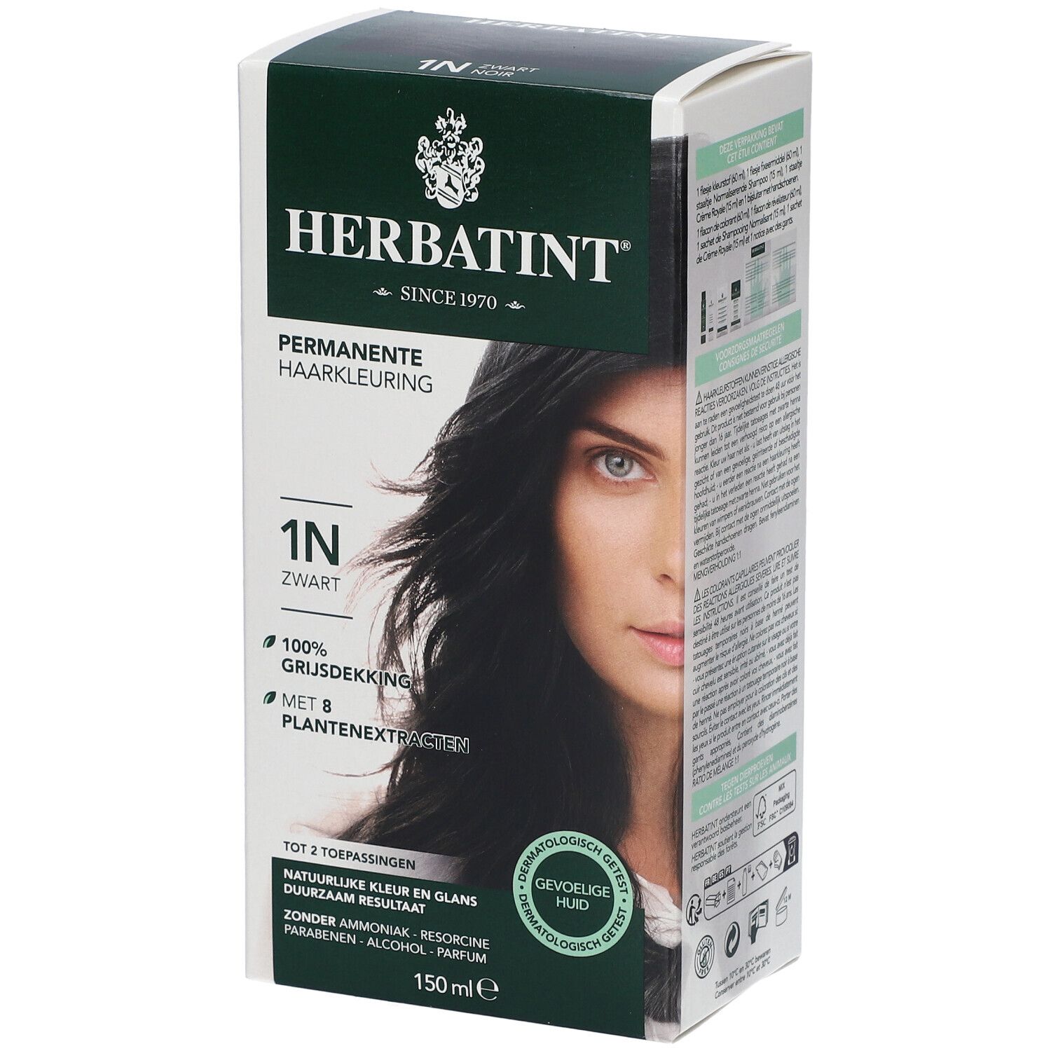 HERBATINT® 1N Zwart. Permanente haarkleuring. 100% grijsdekking. Met plantenextracten. Dermatologisch getest. Gevoelige huid.