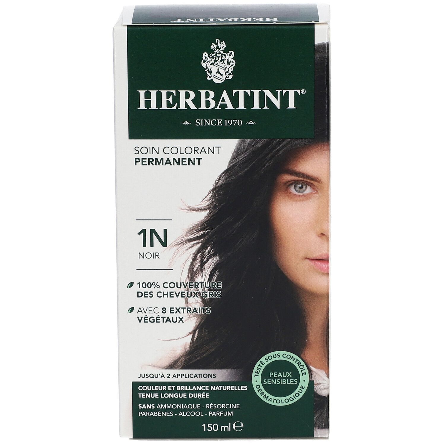 HERBATINT® 1N Zwart. Permanente kleuring. 100% grijsdekking. Met 8 plantenextracten. 150 ml. Dermatologisch getest.