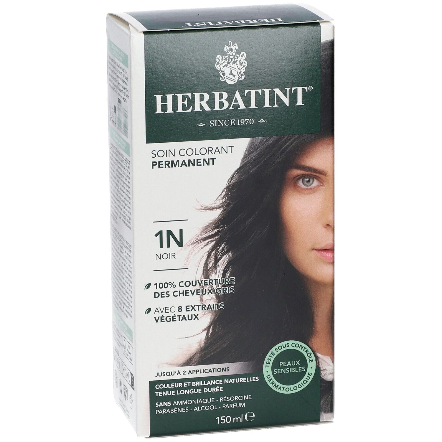 HERBATINT® 1N Zwart. Permanente kleuring. 100% grijsdekking. Met 8 plantenextracten. 150 ml. Dermatologisch getest.