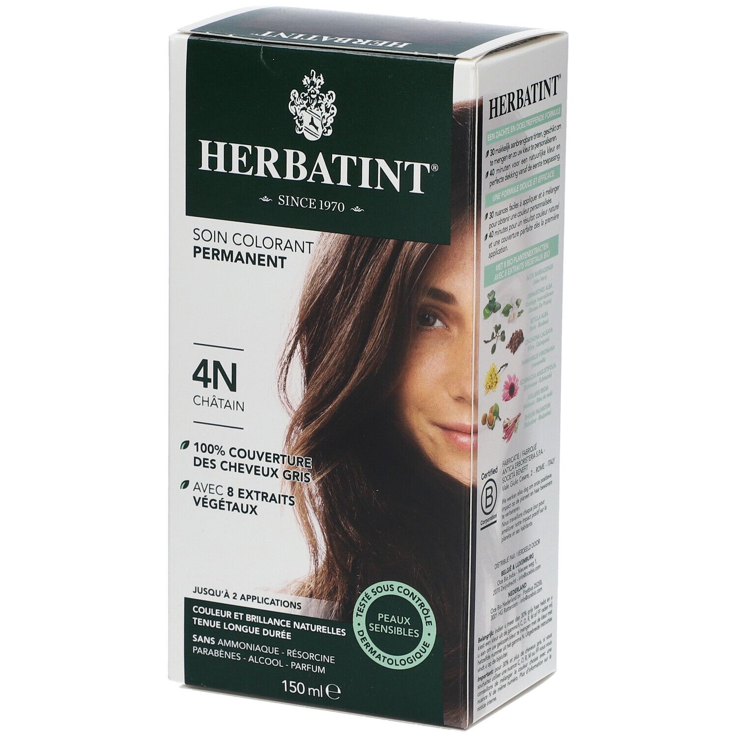 Boîte de coloration capillaire HERBATINT® 4N. Couvre 100% des cheveux blancs. 150ml. Testé dermatologiquement. Emballage vert et blanc.