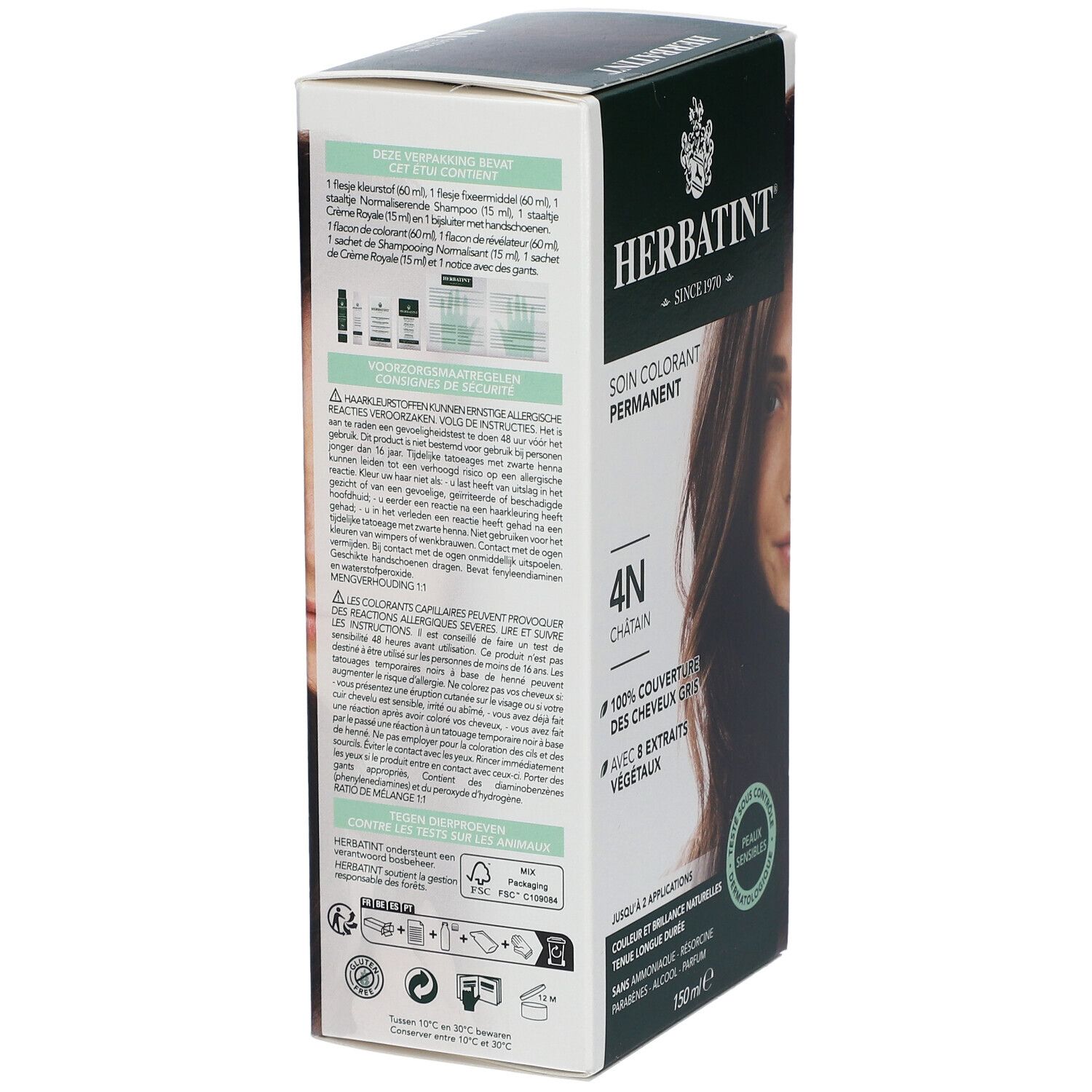 Boîte de coloration capillaire HERBATINT® 4N. Dos avec instructions d'utilisation. 150ml. Emballage vert et blanc. Ingrédients et conseils.