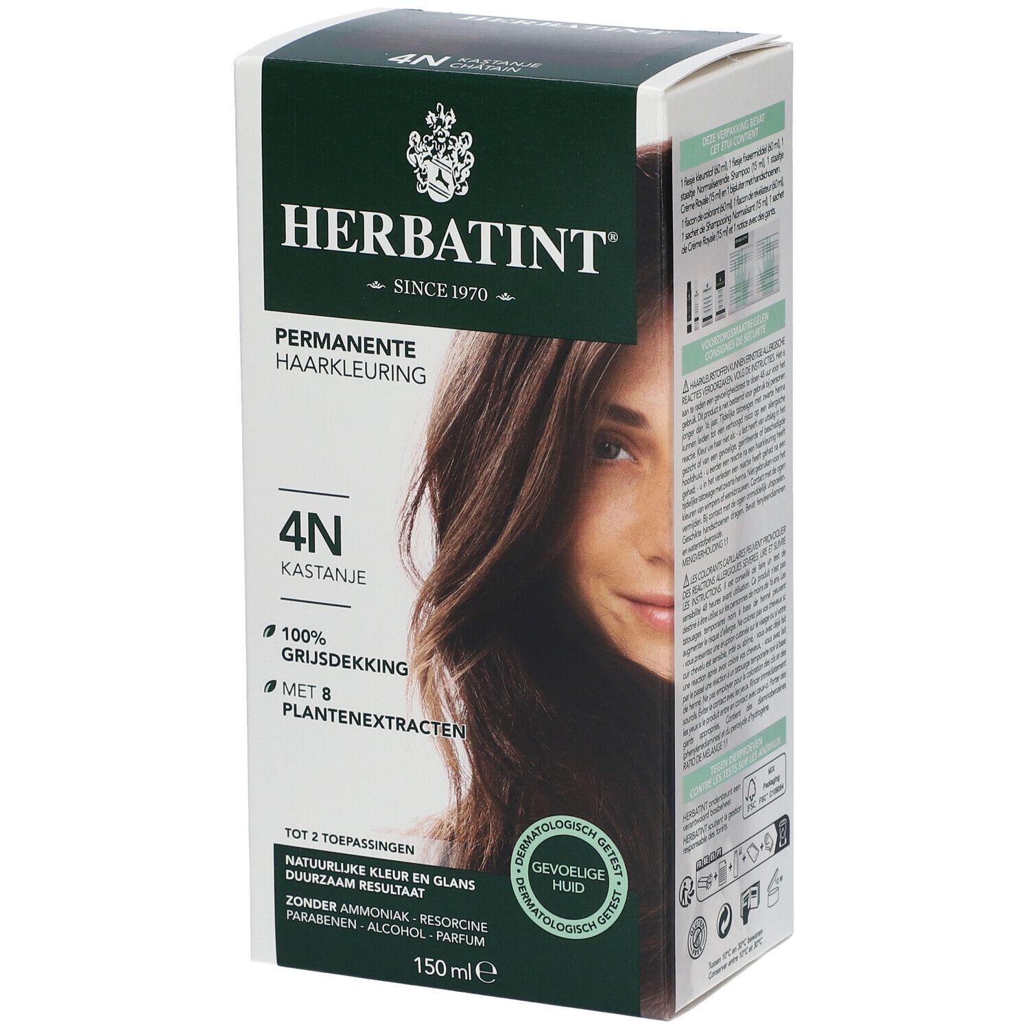 Boîte de coloration capillaire HERBATINT® 4N. Couvre 100% des cheveux blancs. 150ml. Testé dermatologiquement. Emballage vert et blanc.