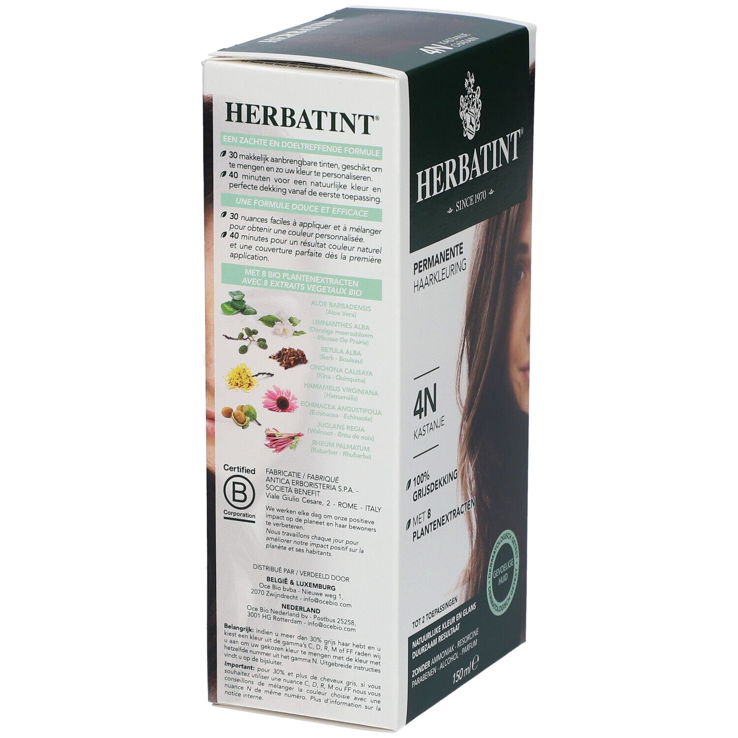 Boîte de coloration capillaire HERBATINT® 4N. Dos avec instructions d'utilisation. 150ml. Emballage vert et blanc. Ingrédients et conseils.