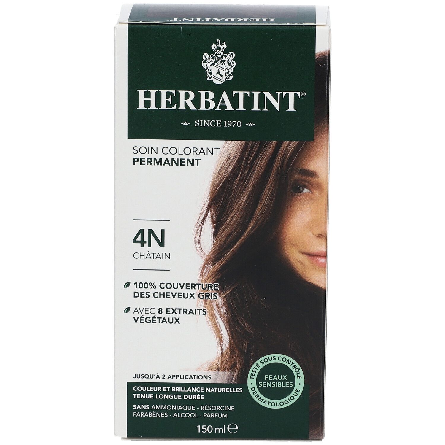 Boîte de coloration capillaire HERBATINT® 4N. Couvre 100% des cheveux blancs. 150ml. Testé dermatologiquement. Emballage vert et blanc.