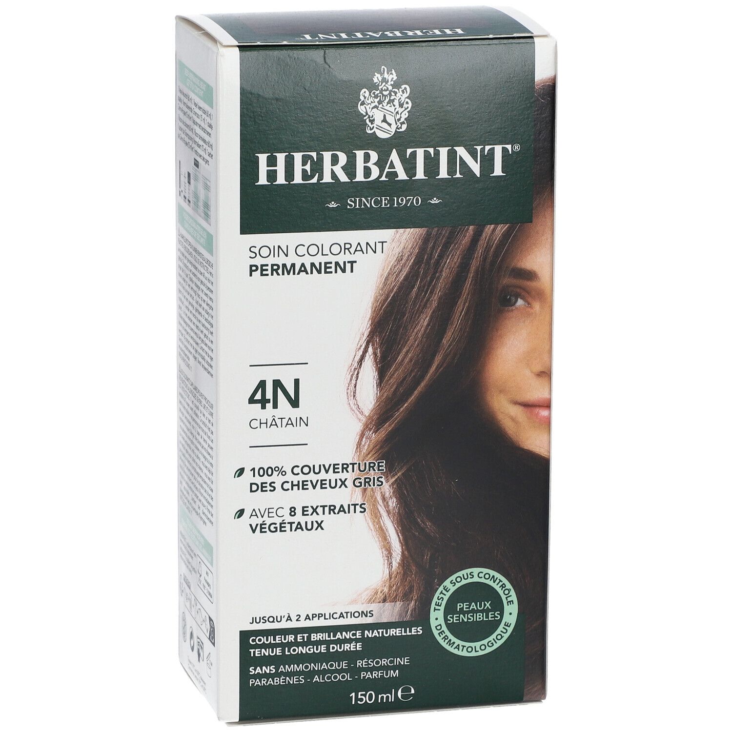 Boîte de coloration capillaire HERBATINT® 4N. Couvre 100% des cheveux blancs. 150ml. Testé dermatologiquement. Emballage vert et blanc.