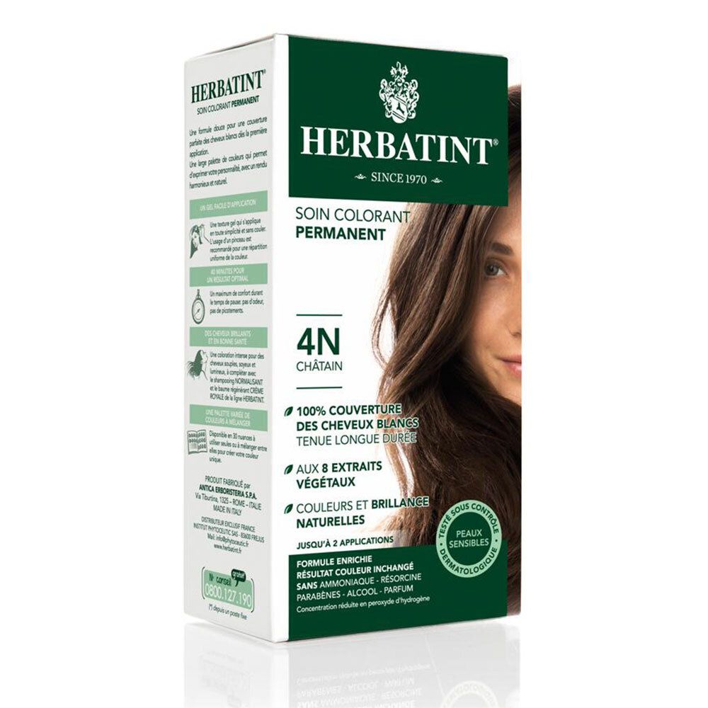 Boîte de coloration capillaire HERBATINT® 4N châtain. Couvre 100% des cheveux blancs. Testé dermatologiquement. Emballage vert et blanc.