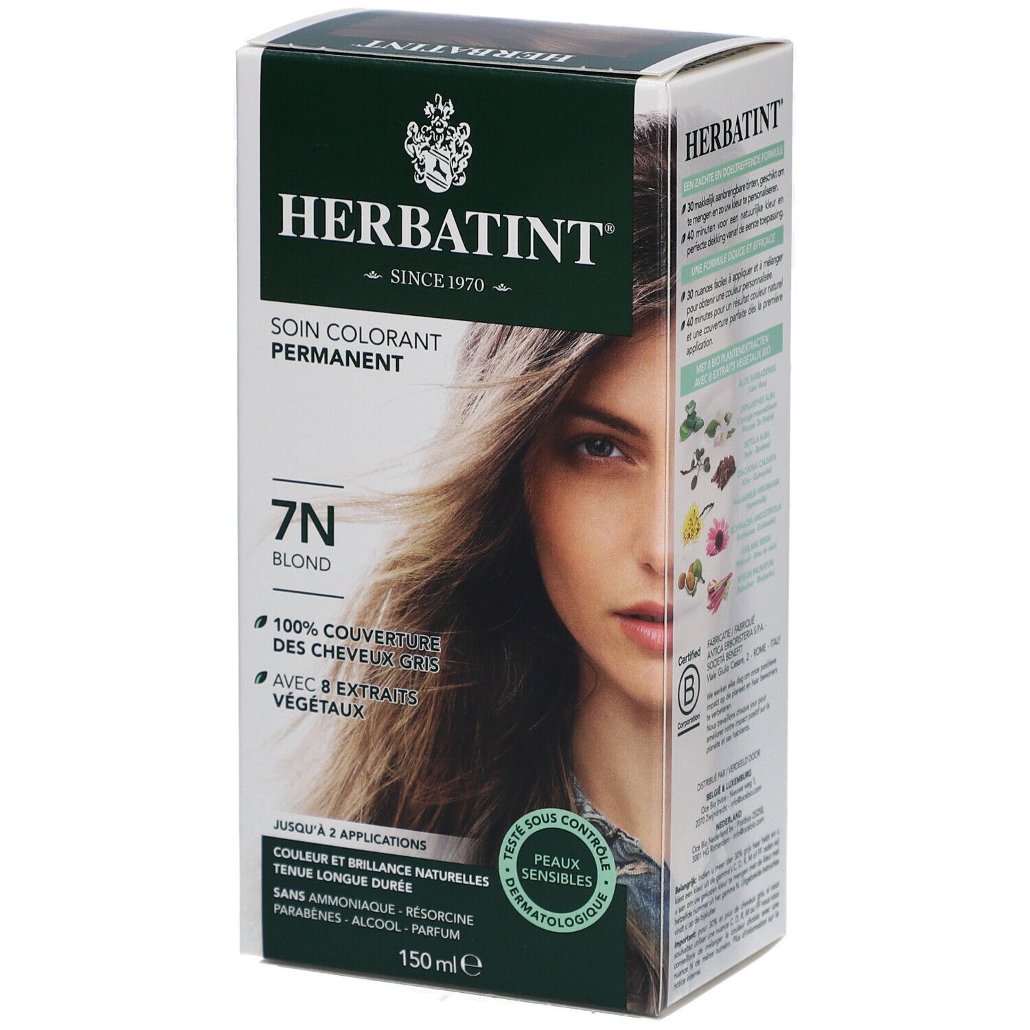 Herbatint Soin Colorant Permanent 7N Blond. Boîte avec visage de femme. Couvre 100% des cheveux gris, 8 extraits végétaux. Testé dermatologiquement.