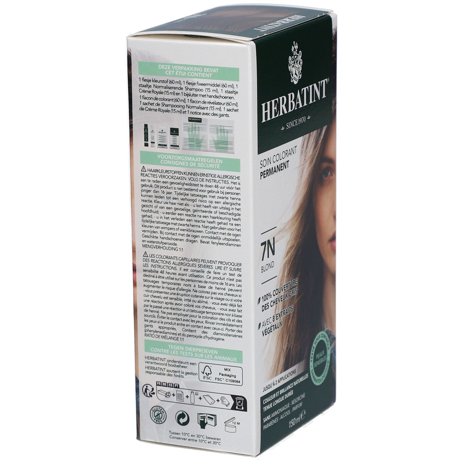 Herbatint Soin Colorant Permanent 7N Blond. Boîte avec visage de femme. Couvre 100% des cheveux gris, 8 extraits végétaux. Testé dermatologiquement.