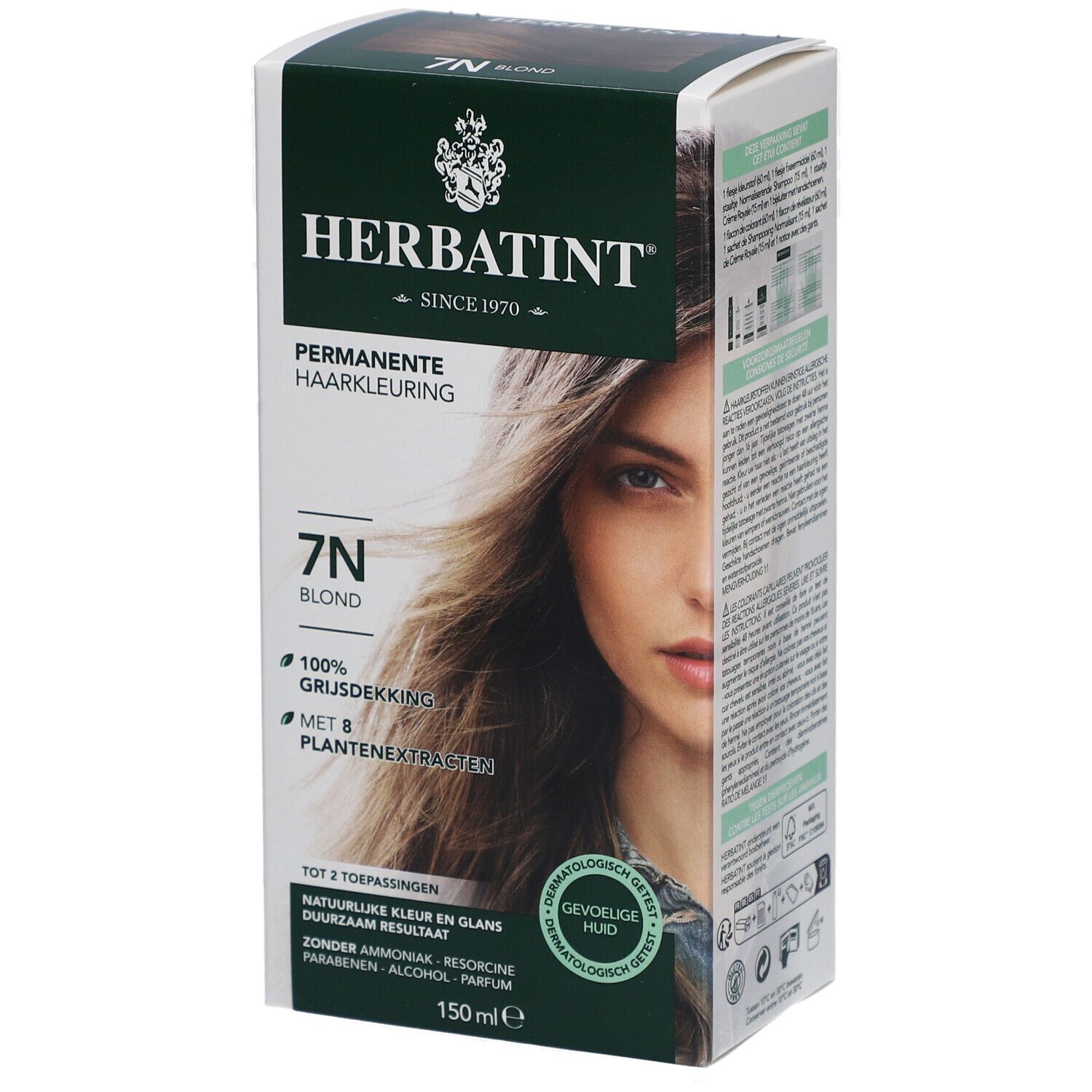 Herbatint Permanente Haarkleuring 7N Blond. Boîte avec visage de femme. Couvre 100% des cheveux gris, 8 extraits végétaux. Testé dermatologiquement.