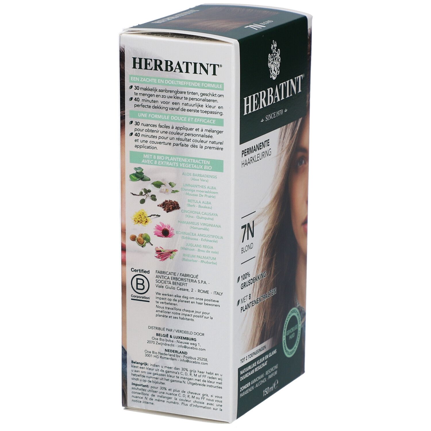 Herbatint Permanente Haarkleuring 7N Blond. Boîte avec visage de femme. Couvre 100% des cheveux gris, 8 extraits végétaux. Testé dermatologiquement.