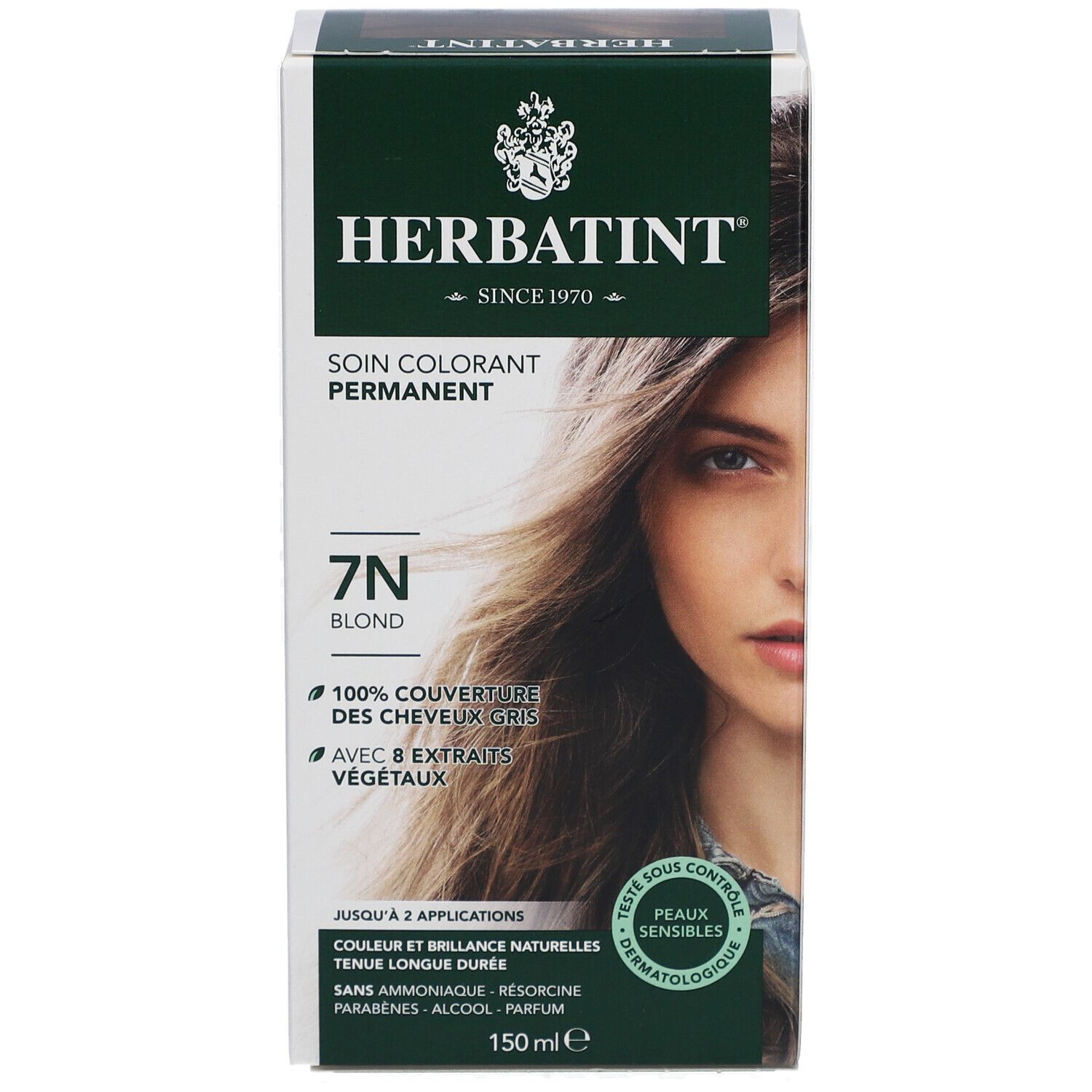 Herbatint Soin Colorant Permanent 7N Blond. Boîte avec visage de femme. Couvre 100% des cheveux gris, 8 extraits végétaux. Testé dermatologiquement.