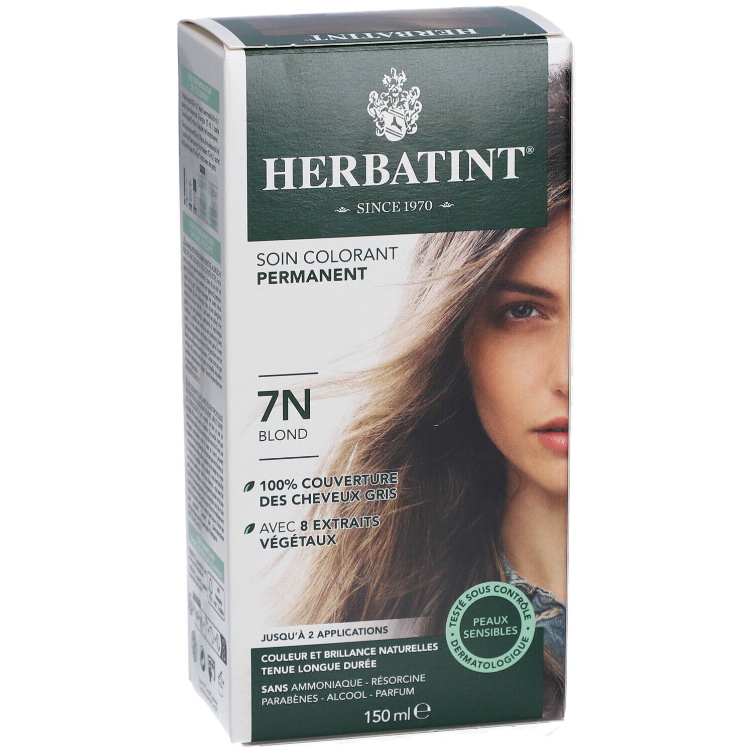 Herbatint Soin Colorant Permanent 7N Blond. Boîte avec visage de femme. Couvre 100% des cheveux gris, 8 extraits végétaux. Testé dermatologiquement.