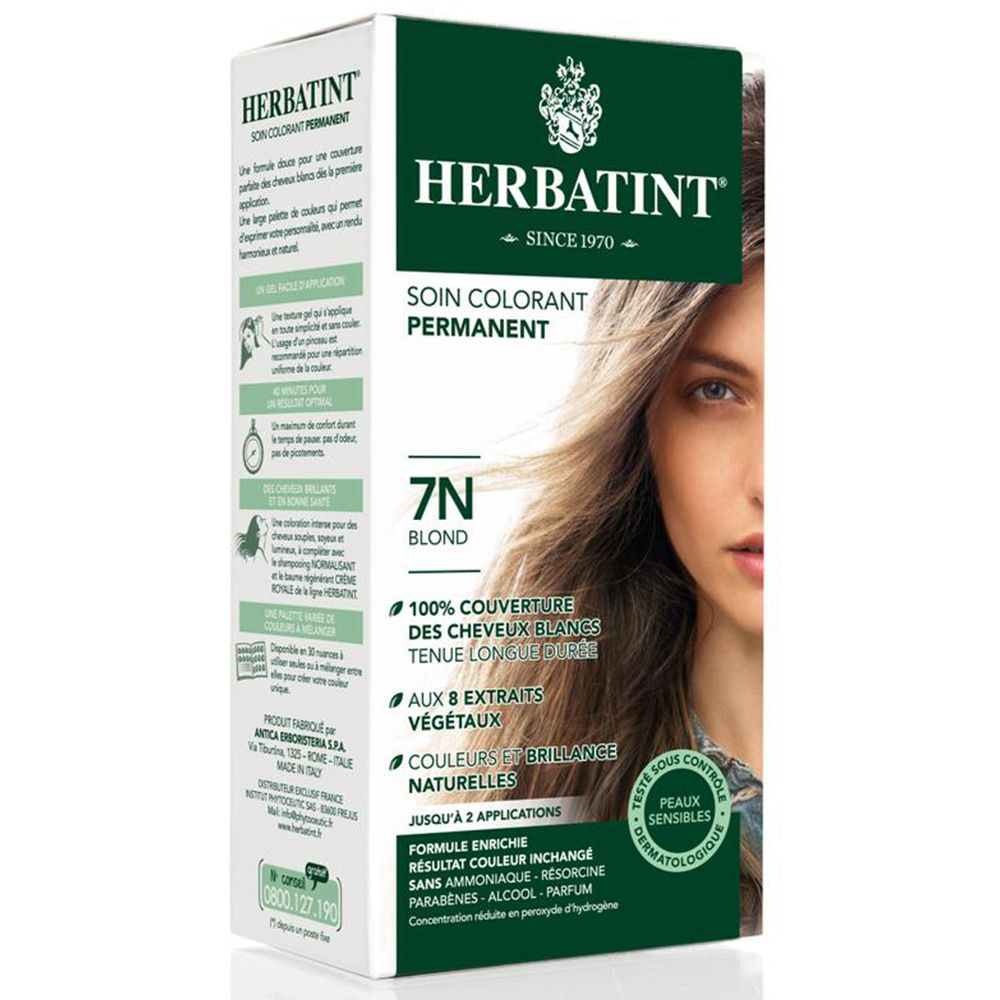 Herbatint Soin Colorant Permanent 7N Blond. Boîte avec visage de femme. Couvre 100% des cheveux gris, 8 extraits végétaux. Testé dermatologiquement.