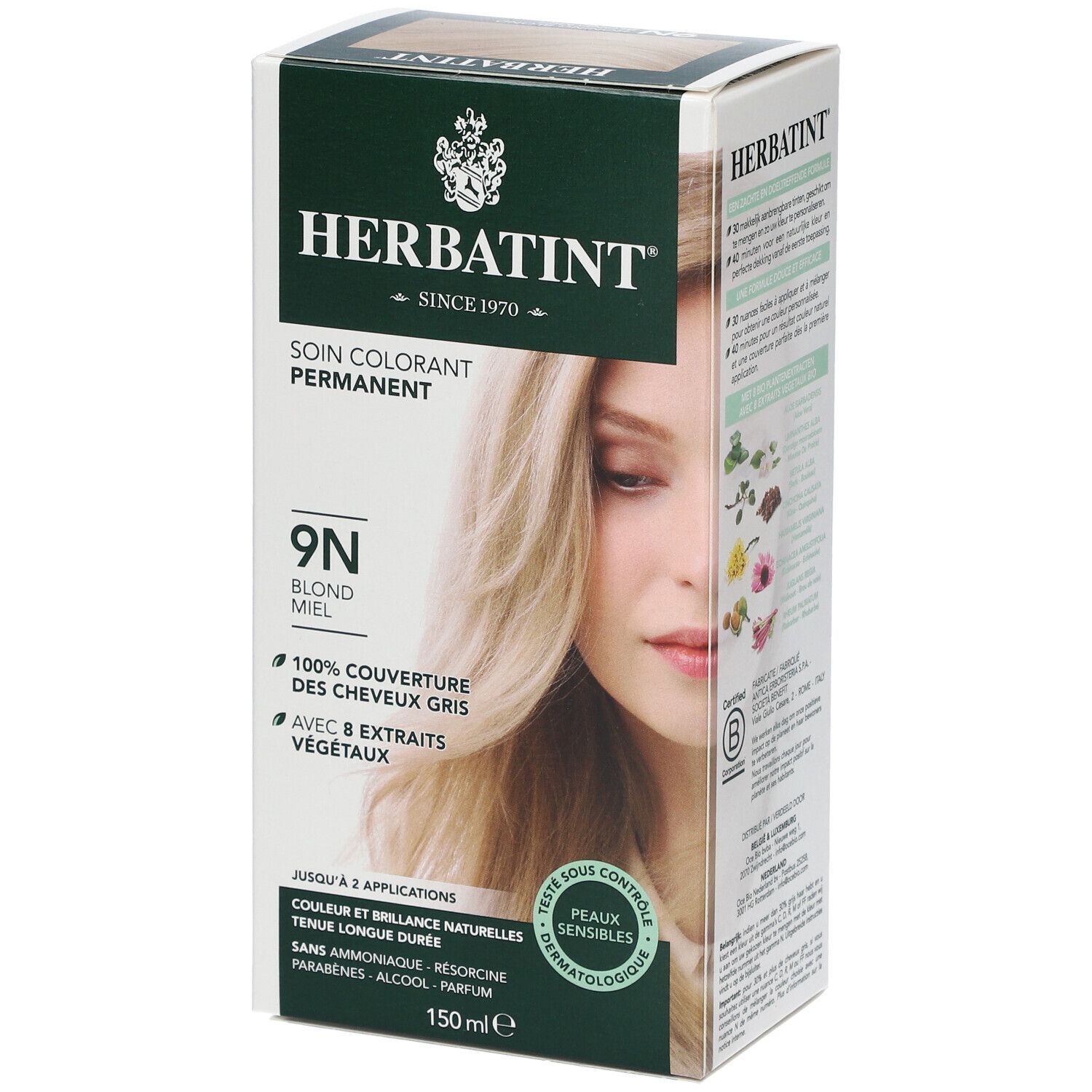 HERBATINT® 9N honingblond haarkleuring. Verpakking met productafbeelding en vrouw. 100% grijsdekking. Dermatologisch getest.