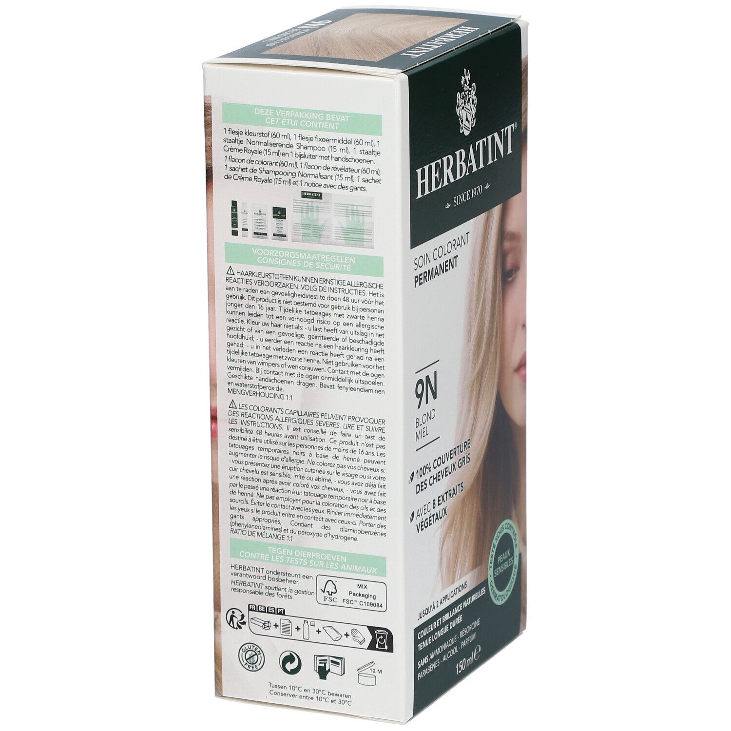 HERBATINT® 9N honingblond haarkleuring. Verpakking met productafbeelding en vrouw. 100% grijsdekking. Dermatologisch getest.