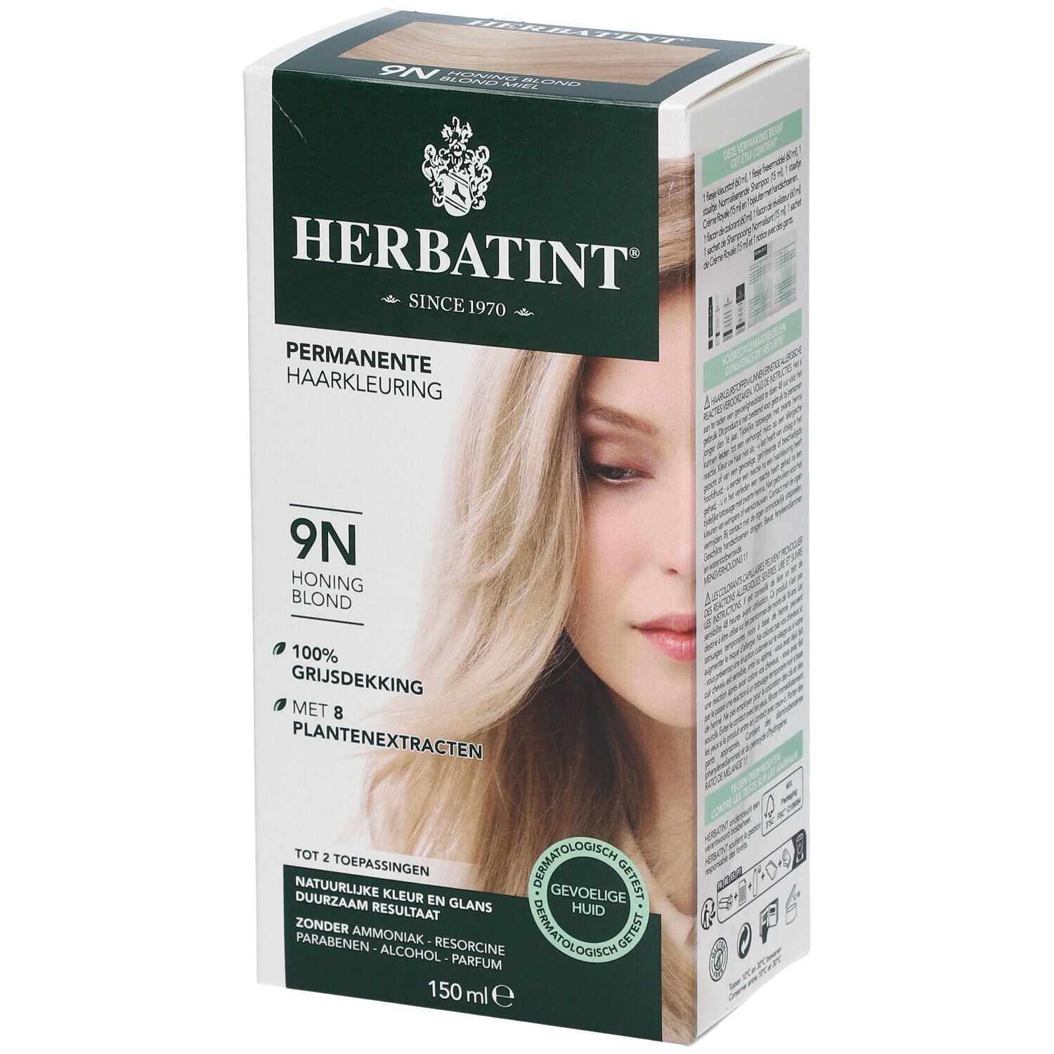 HERBATINT® 9N honingblond haarkleuring. Verpakking met productafbeelding en vrouw. 100% grijsdekking. Dermatologisch getest.