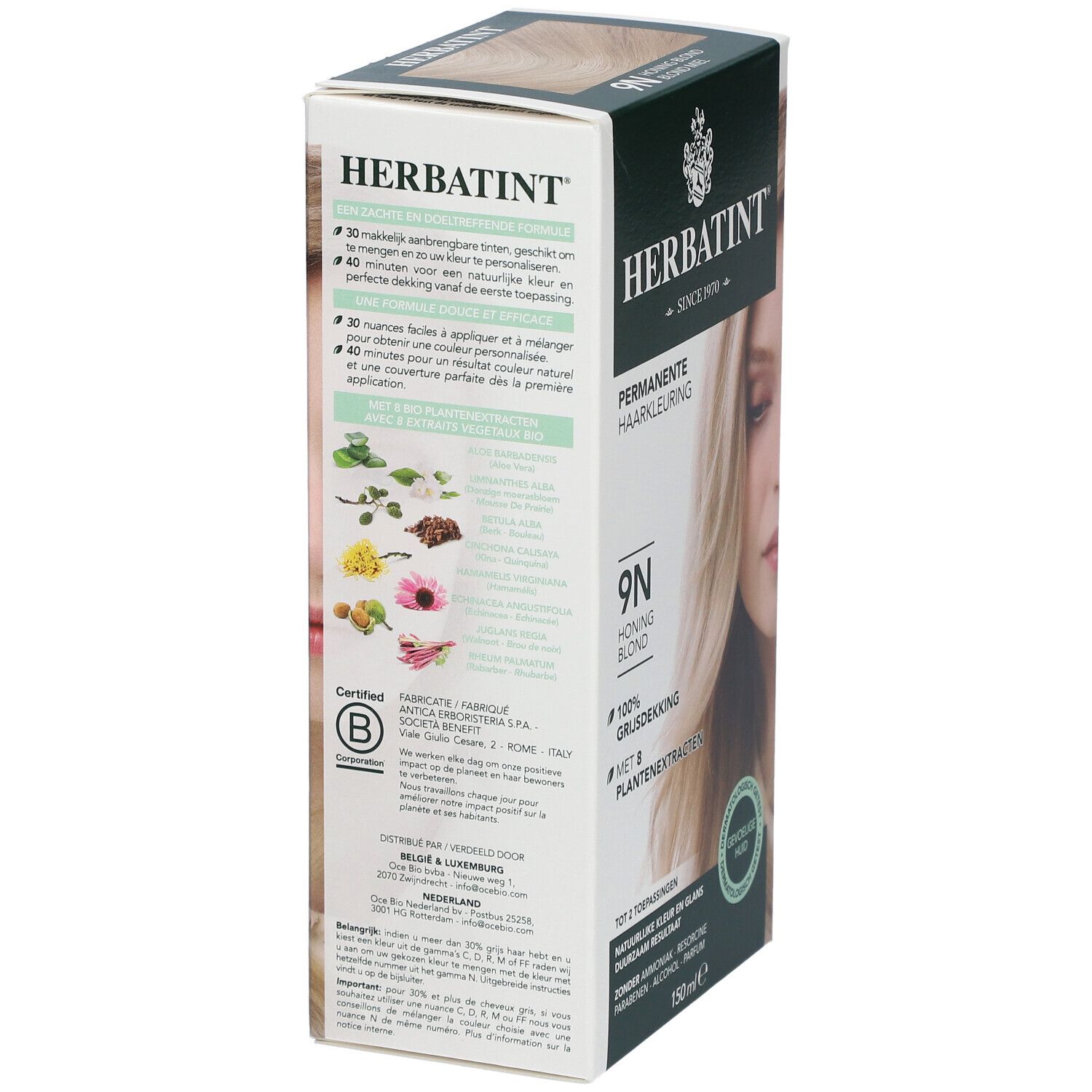 HERBATINT® 9N honingblond haarkleuring. Verpakking met productafbeelding en vrouw. 100% grijsdekking. Dermatologisch getest.