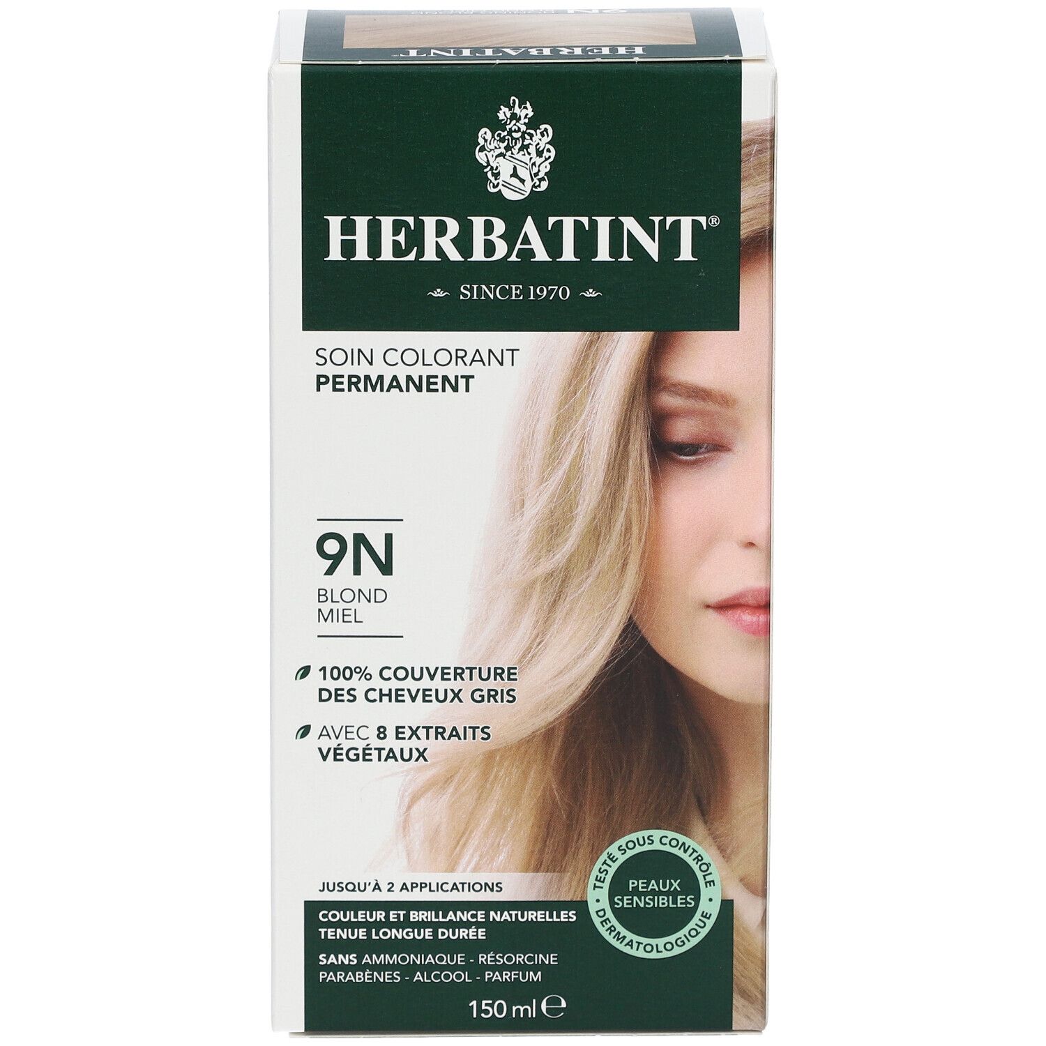 HERBATINT® 9N honingblond haarkleuring. Verpakking met productafbeelding en vrouw. 100% grijsdekking. Dermatologisch getest.