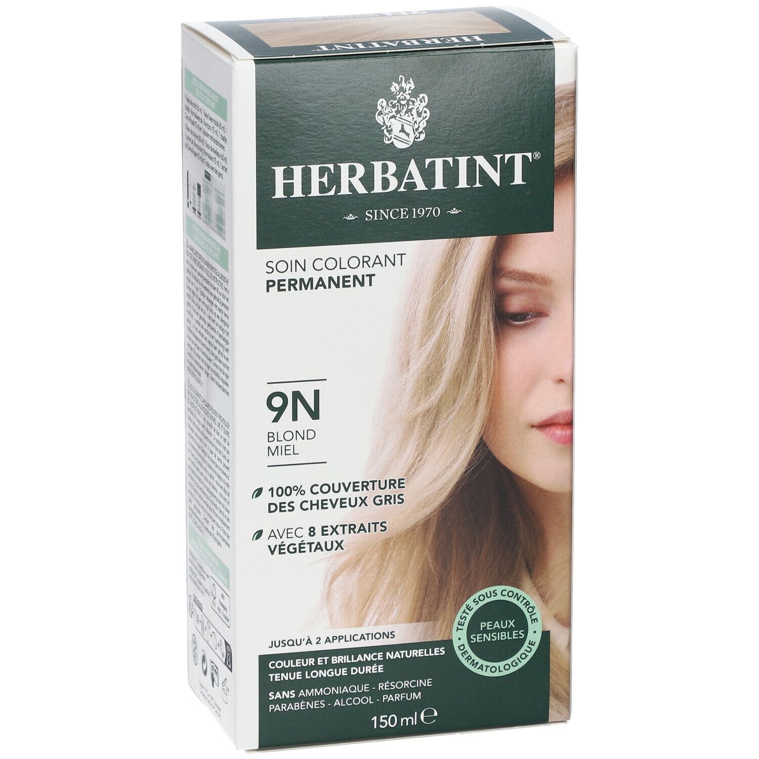 HERBATINT® 9N honingblond haarkleuring. Verpakking met productafbeelding en vrouw. 100% grijsdekking. Dermatologisch getest.
