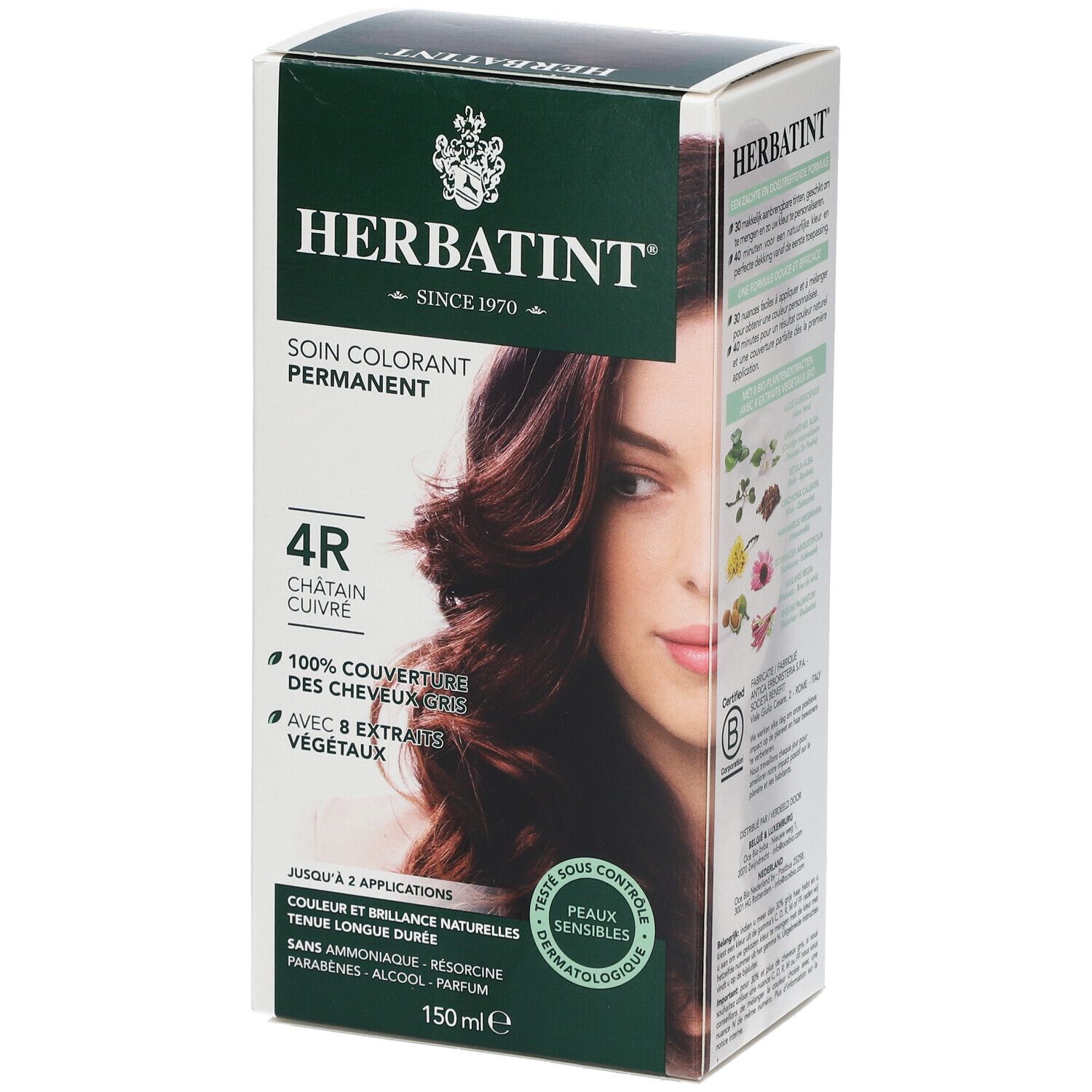 HERBATINT® Gel Colorant Permanent 4R. Boîte avec image et texte. Contient 150 ml. Pour jusqu'à 2 applications.
