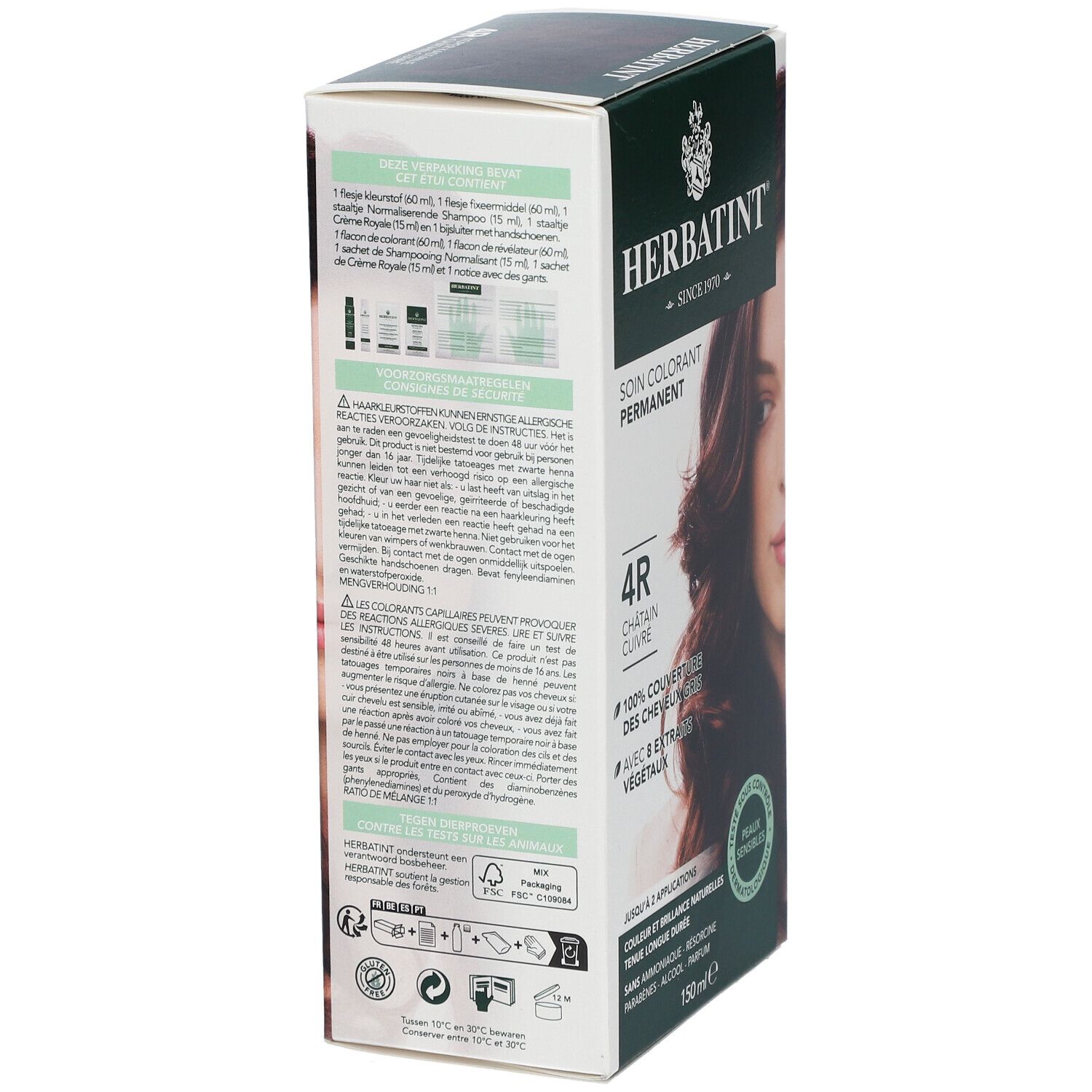 HERBATINT® Gel Colorant Permanent 4R. Boîte avec image et texte. Contient 150 ml. Pour jusqu'à 2 applications.