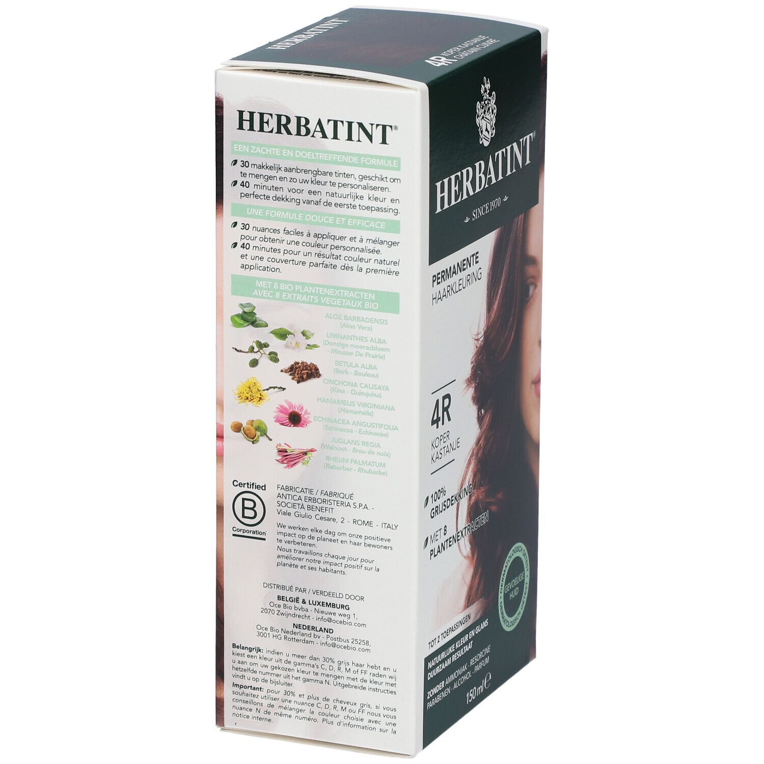 HERBATINT® Gel Colorant Permanent 4R. Boîte avec image et texte. Contient 150 ml. Pour jusqu'à 2 applications.