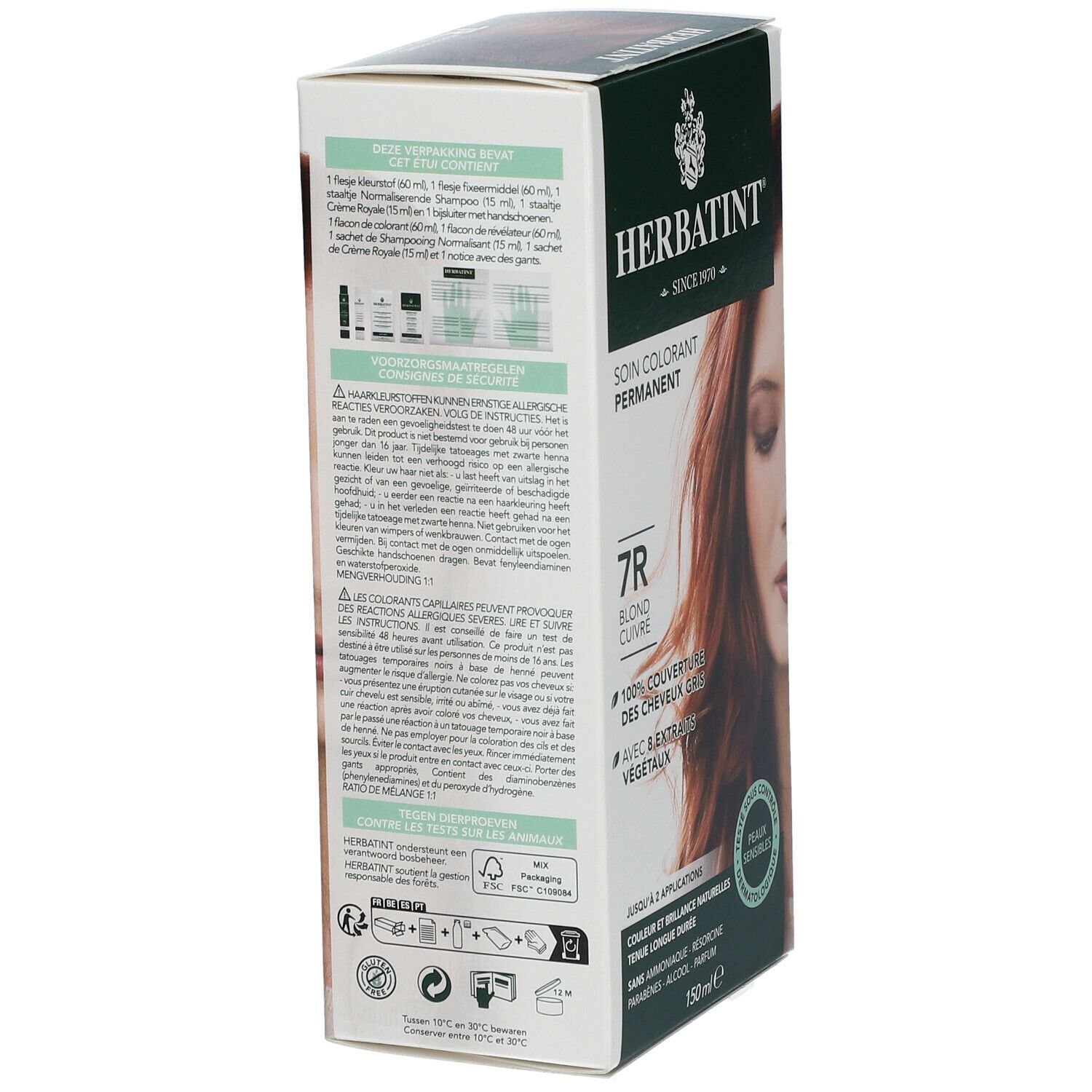 Dos de la boîte Herbatint Soin Colorant Blond Cuivre 7R. Texte, ingrédients, instructions et logos.