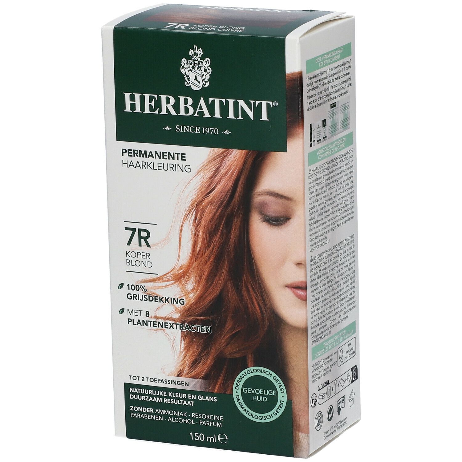 Boîte Herbatint Soin Colorant Blond Cuivre 7R. Vue de face avec nom du produit, illustration de couleur de cheveux et texte.