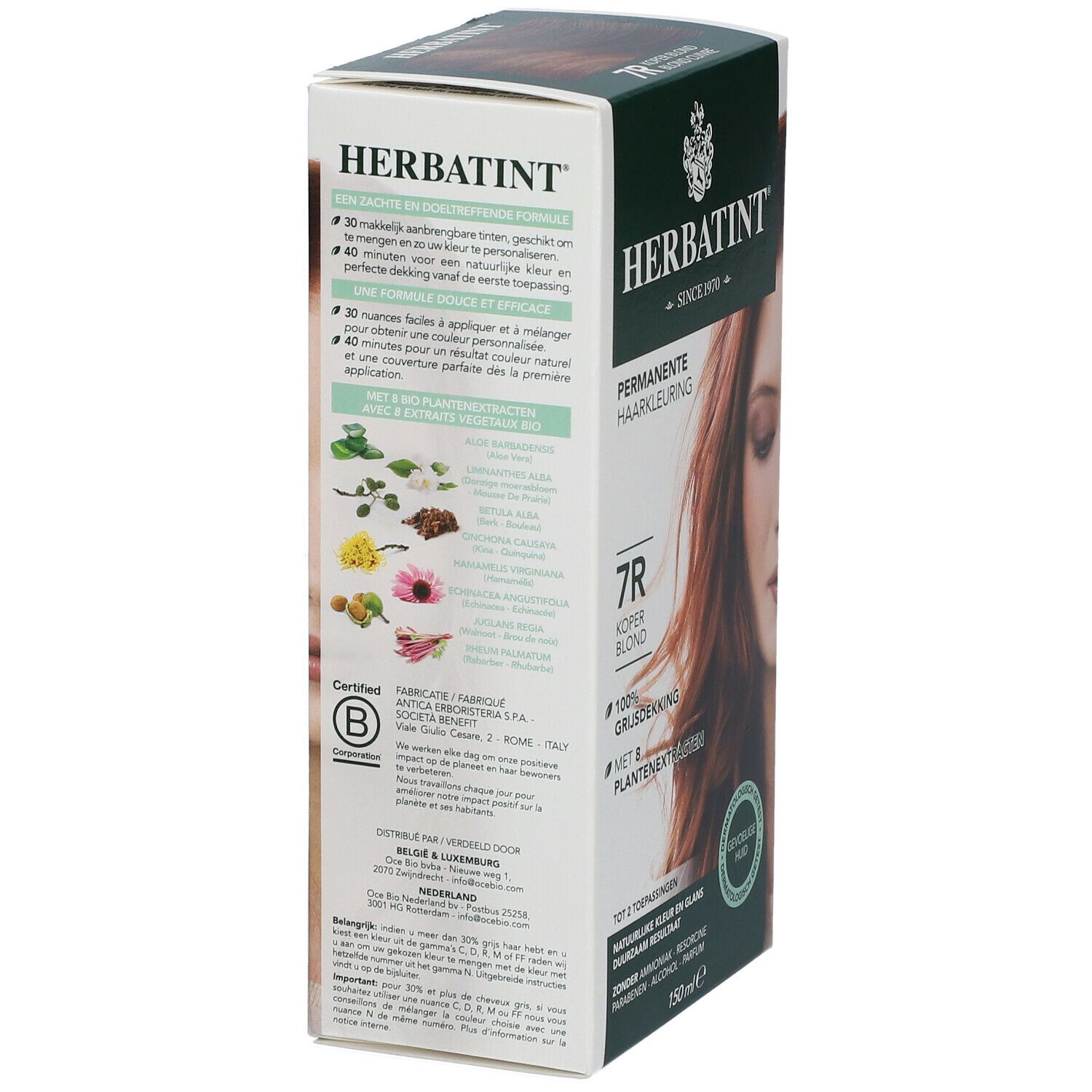 Dos de la boîte Herbatint Soin Colorant Blond Cuivre 7R. Texte, ingrédients, instructions et logos.