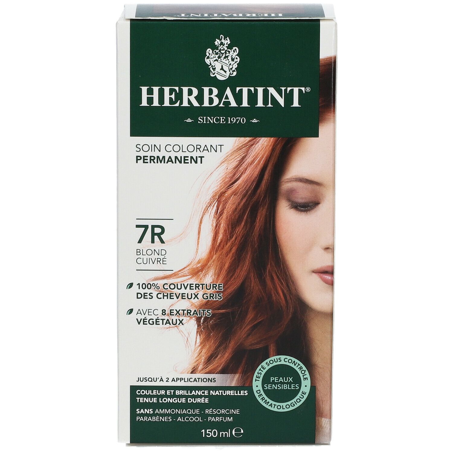 Boîte Herbatint Soin Colorant Blond Cuivre 7R. Vue de face avec nom du produit, illustration de couleur de cheveux et texte.