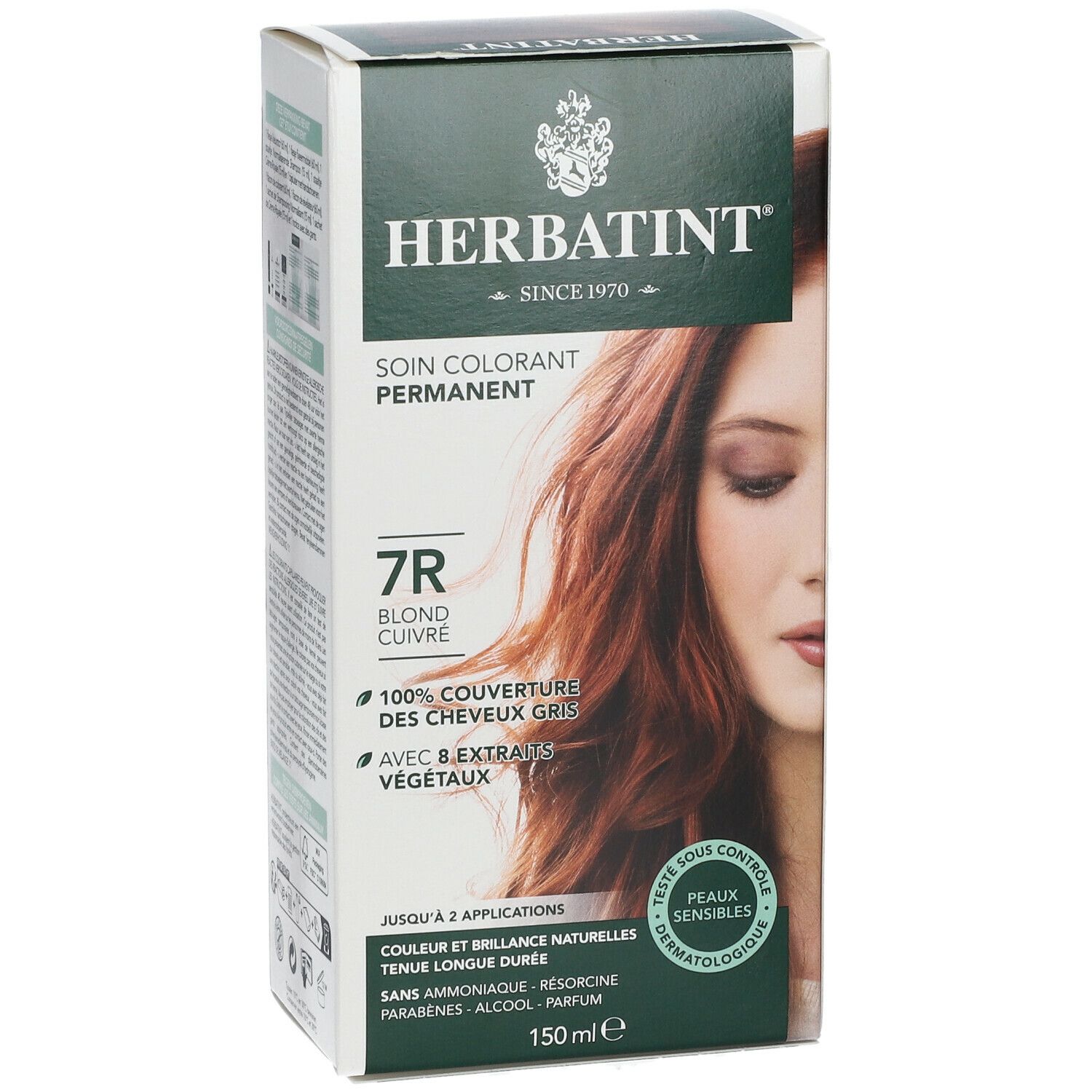 Boîte Herbatint Soin Colorant Blond Cuivre 7R. Vue de face avec nom du produit, illustration de couleur de cheveux et texte.